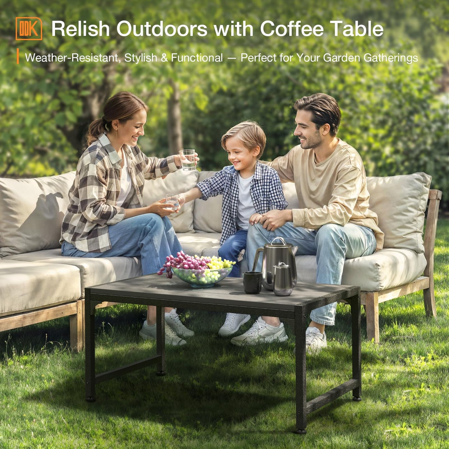 ODK Outdoor Coffee Table, Rectangle Weather-Resistant Patio Coffee Table for Garden, Balcony, Hot Tub, Poolside, Heavy-Duty Metal Frame, Grey