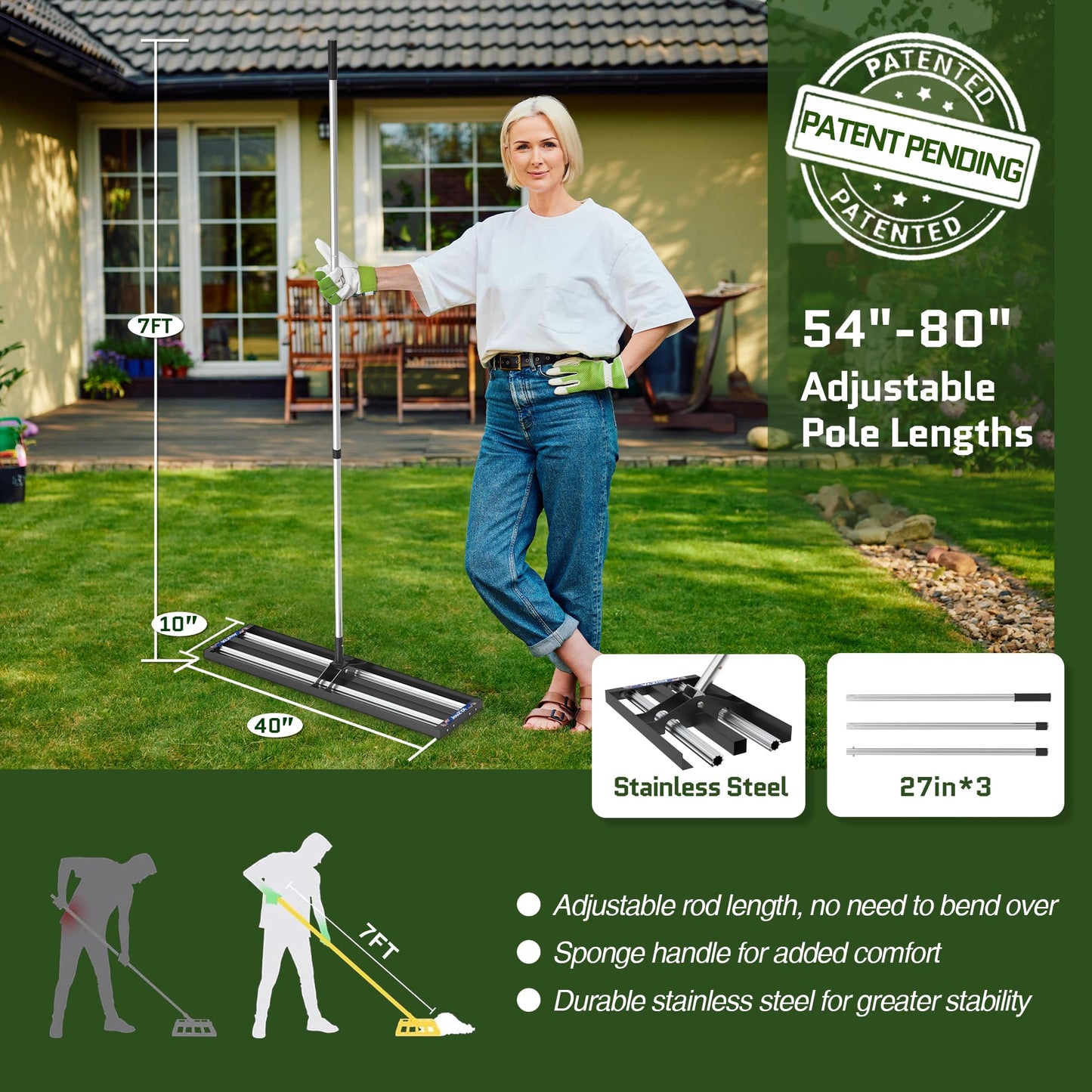 Updated Lawn Leveling Rake 17"x10", Lawn Leveler with Aluminum Rollers, Yard Leveling Rake Stainless Steel with 27-80" Adjustable Handle, Heavy-Duty Ground Leveler Suit for Garden, Golf Lawn, Farm
