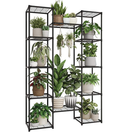 GENTINGBRO Metal Plant Stand Outdoor 62.2" Tall Plant Shelf for Plants 12 Pots Large Plant Sheves for Indoor Plants Living Room Heavy Duty Rack Garden Balcony Patio Hanging Planter