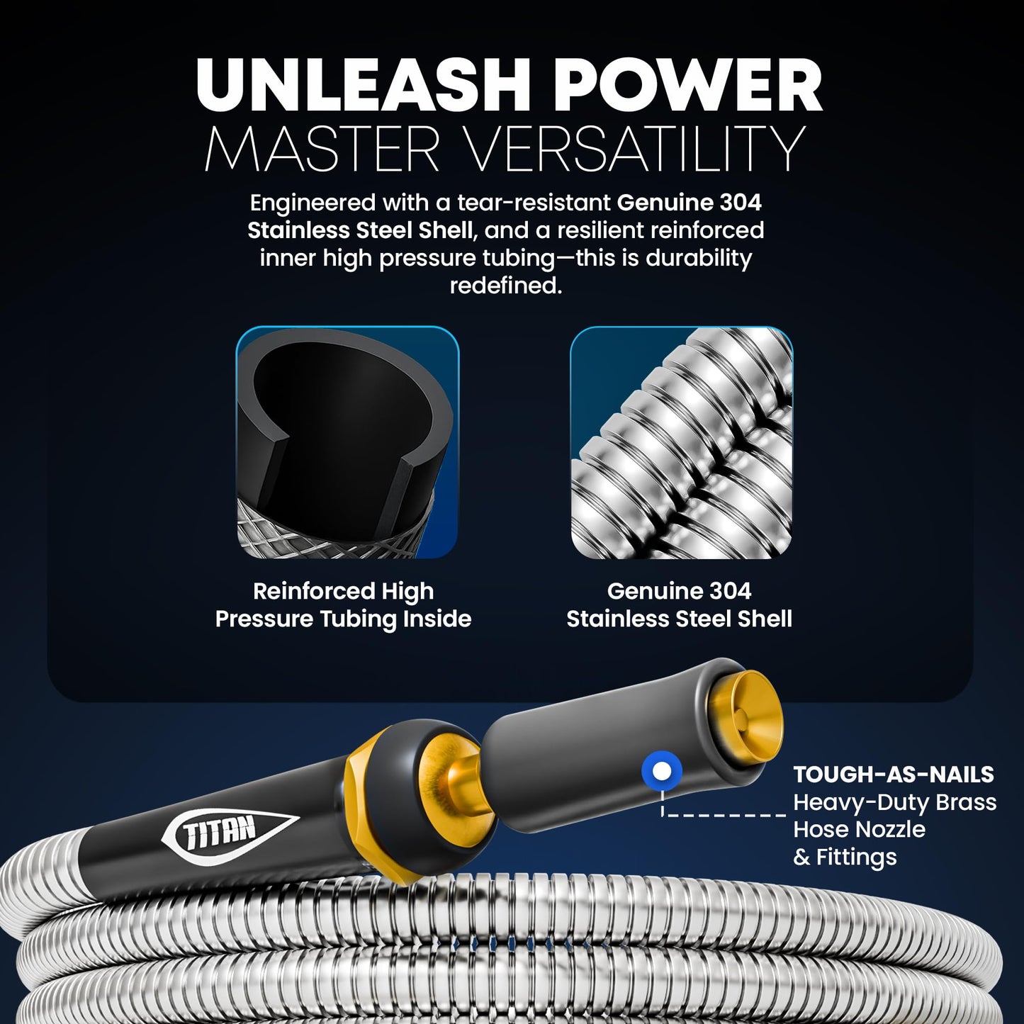 TITAN Garden Hose 75FT - 304 Stainless Steel Metal Water Hose, Flexible, Kink-Free, Lightweight, Durable, Crush Resistant Fittings, Easy to Coil, 500 PSI