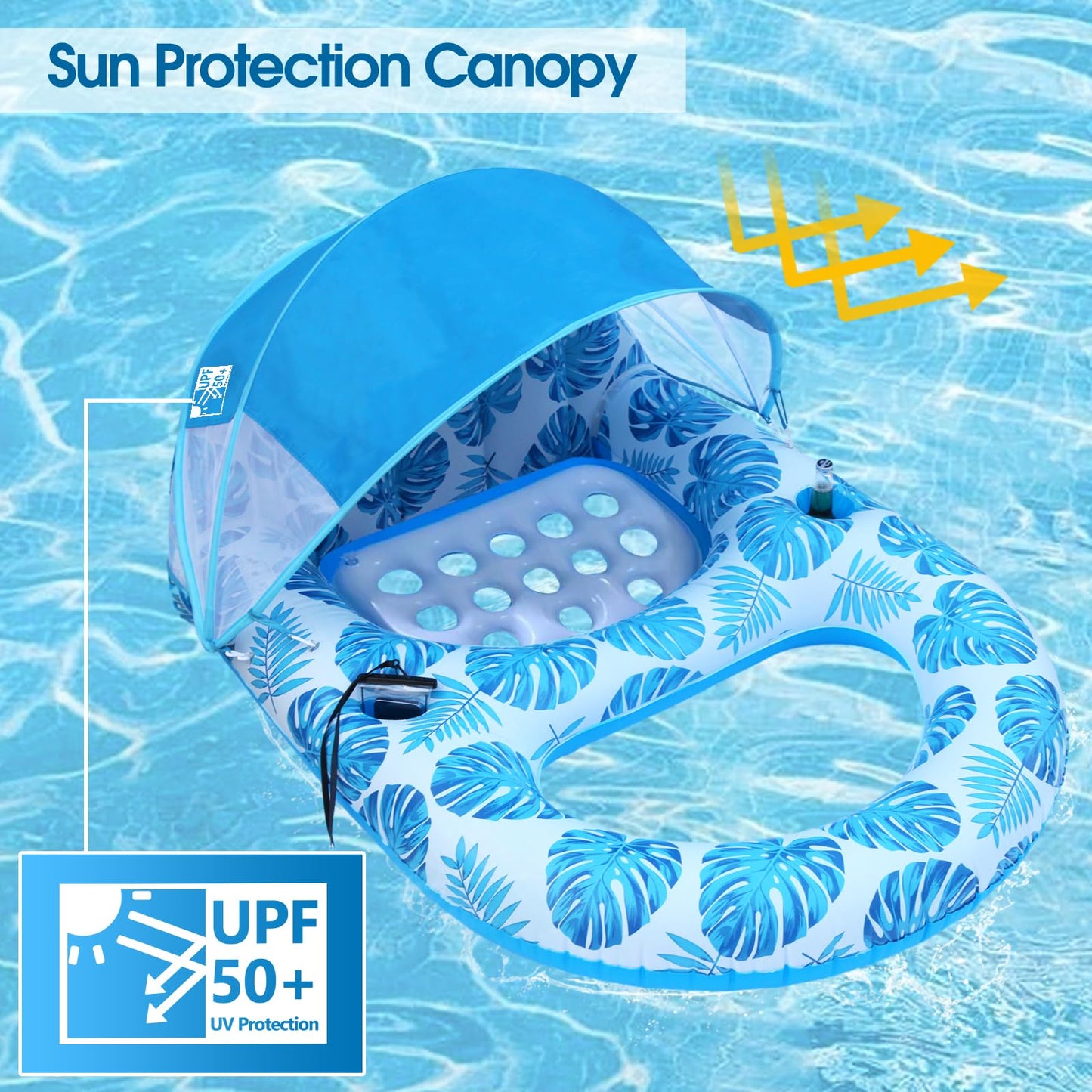 COOLCOOLDEE Pool Lounge Float with Canopy UPF50+,Extra Large Pool Floats for Adults Heavy Duty,Inflatable Lounger Float with Cup Holder & Backrest,Footrest