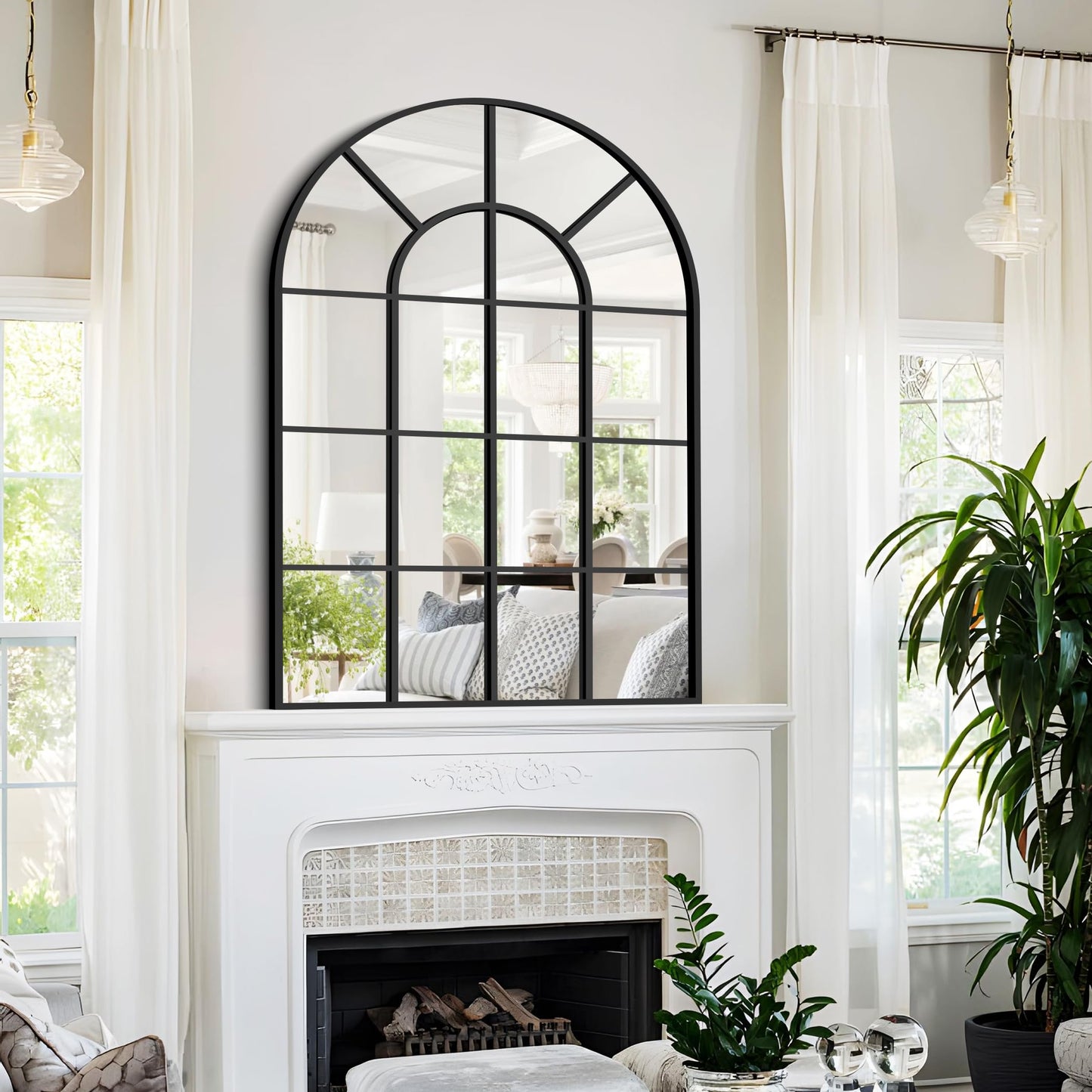 GLASHOM Black Arched Mirror,30x40 inch Arched Window Morror Wall Mounted,Black Frame Window Pane Mirror for Living Room Bedroom Entryway Hanging or Leaning Against Wall