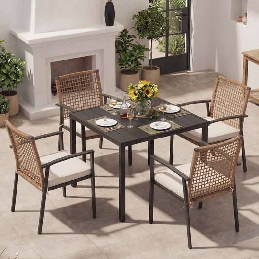 EO Living 5 Pieces Patio Dining Set, Outdoor Furniture Set of 6 Chairs with Soft Cushion and Rectangular Table with Umbrella Hole,Outdoor Dining Set for Backyard, Garden and Poolside