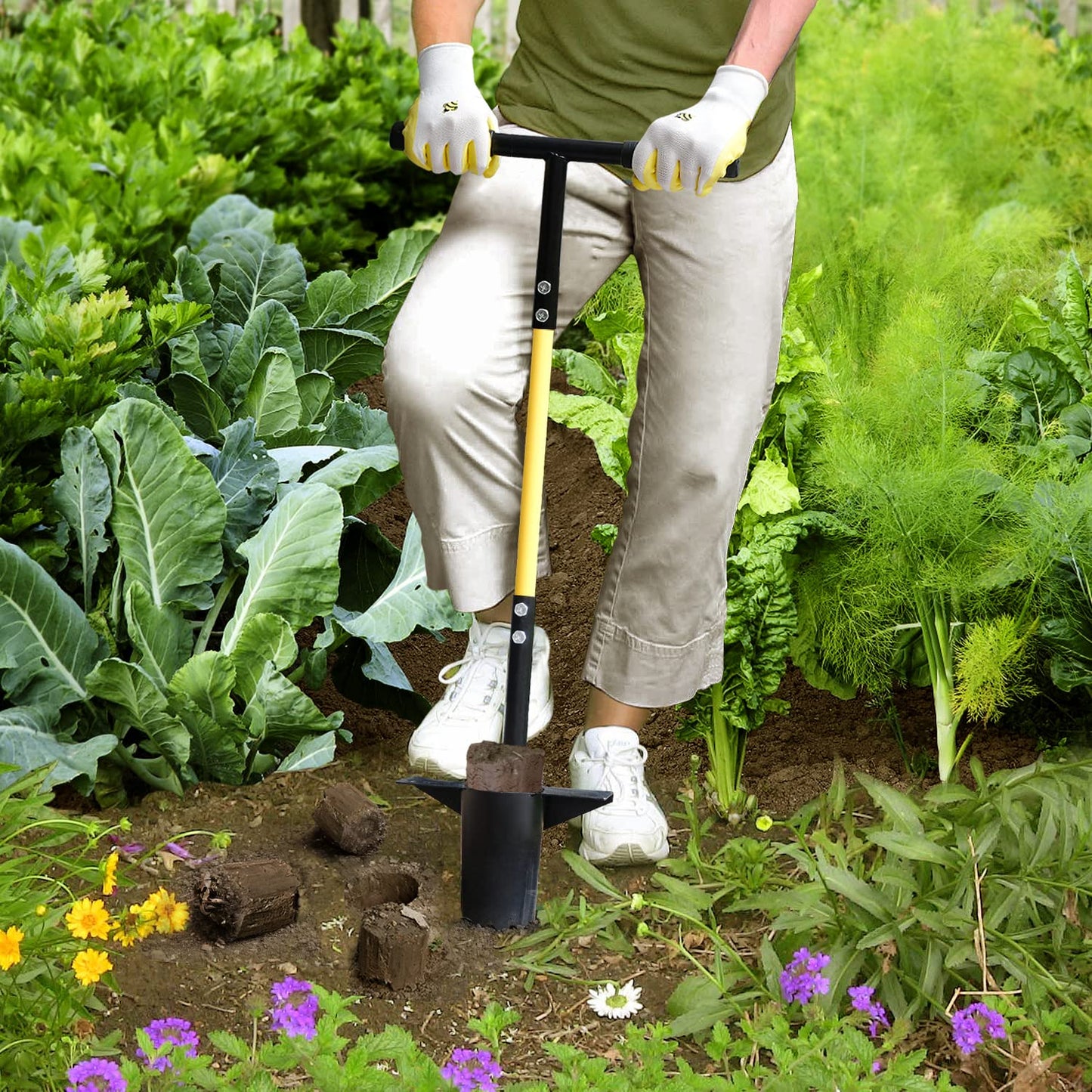 Jardineer Bulb Planter Tool, Long Handle Sod Plugger with Serrated Base, Automatic Soil Releasing Small Bulb Transplanter for Tulips, Daffodils, Lily