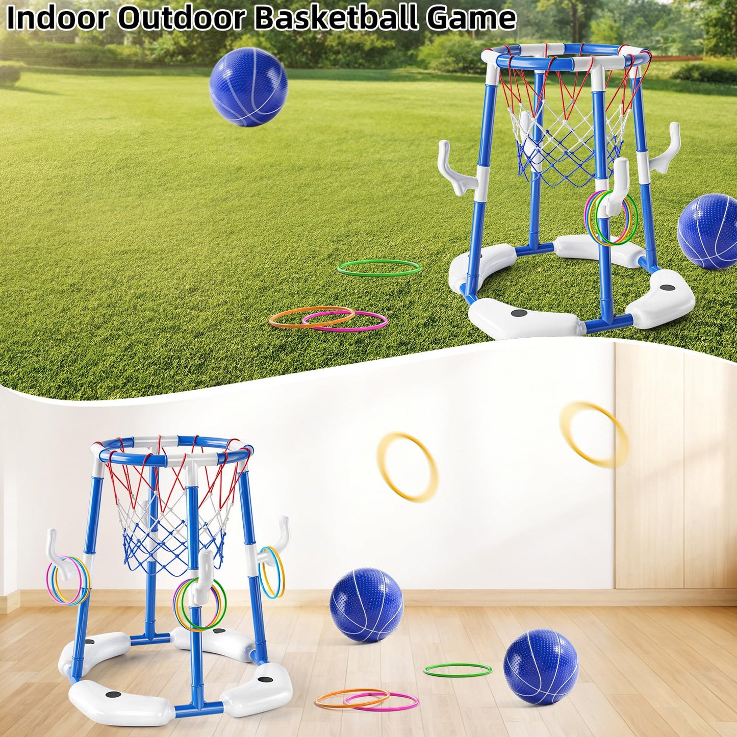 NIPLOOOW Pool Basketball Hoop, 2-in-1 Floating Pool Toys Ring Game with 4 Balls and Pump, Outdoor Swimming Pool Basketball Games Water Play Toy Family Party for Kids Adults Age 3-12 (Blue)