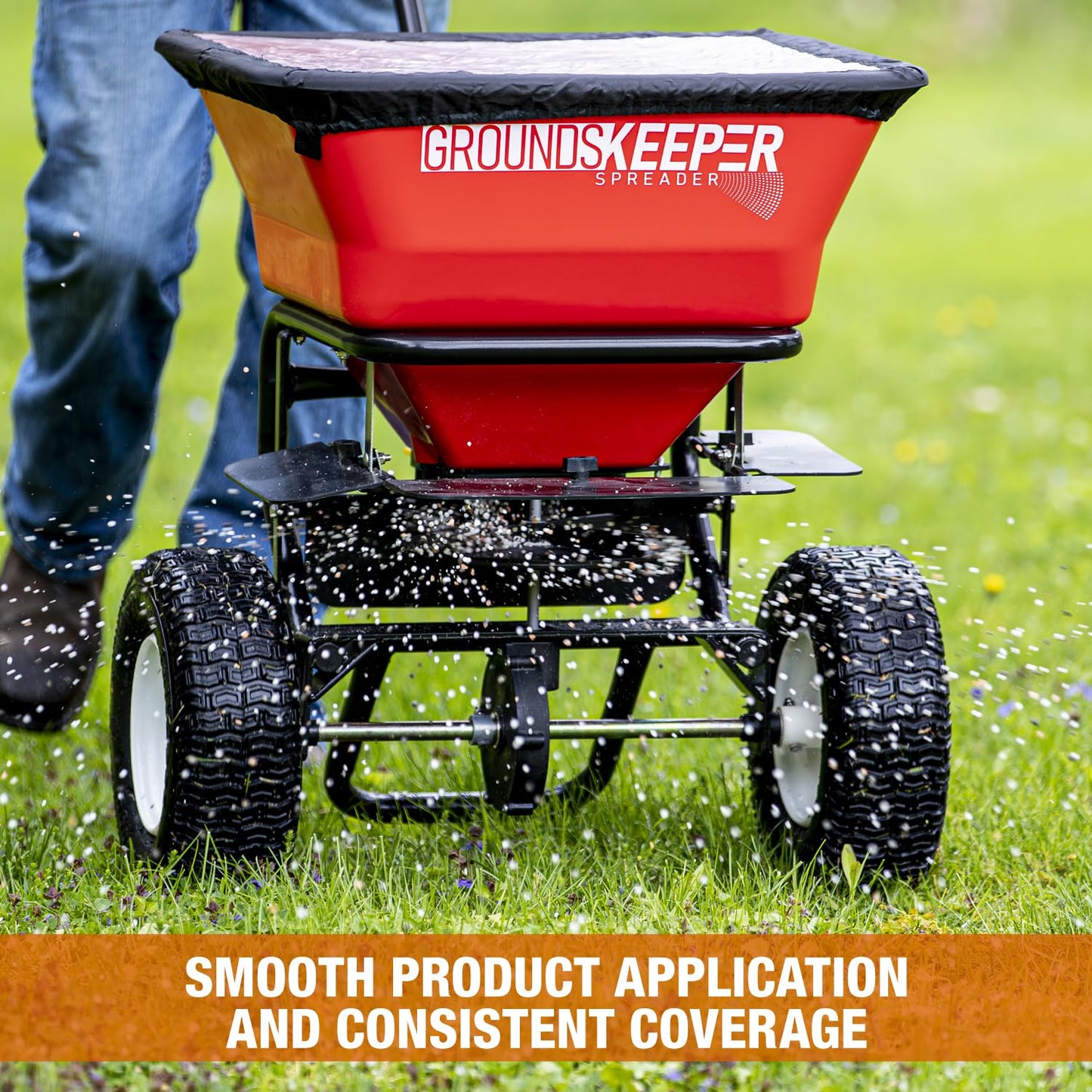 Buyers Products 3039632R Grounds Keeper All Season, Broadcast Walk Behind Push Spreader, 100lb Capacity, For Seed, Fertilizer, Winter Salt & Snow Melt, Included Grate & Cover With Enclosed Gearbox