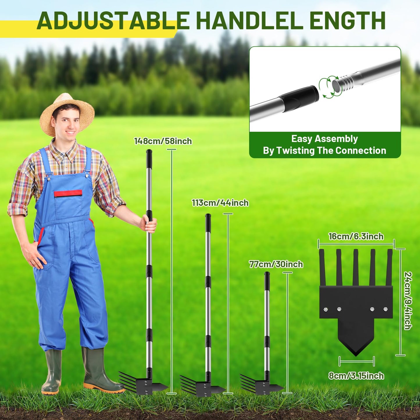 Ukiupop 2-in-1 Heavy-Duty Weed Puller Tool with 5-Tine Rake – 30" to 60" Adjustable Handle, Hoes for Gardening, Hoe Garden Tools for Loosening Soil, Planting, Weeding