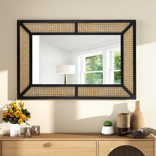 THKSHOUZ Rattan Mirror for Wall Decor Bohemian Rectangular Large Mirror 35.5" x 23.6", Farmhouse Decorative Wall-Mounted Mirrors, Hanging Mirrors, Woven Wicker, Black Wood Frame
