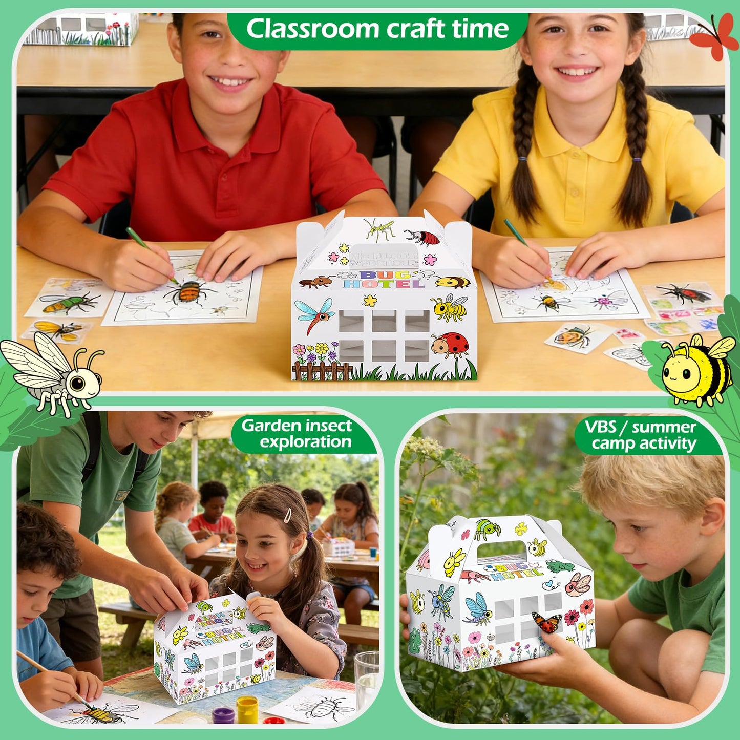 Ailefentene 28 Pack Bug Hotel Box Color Your Own Cardboard Bug Catchers with Stickers, DIY Insect Critters Collection Gable Box with Window for Spring Summer Garden VBS Crafts Party Favors