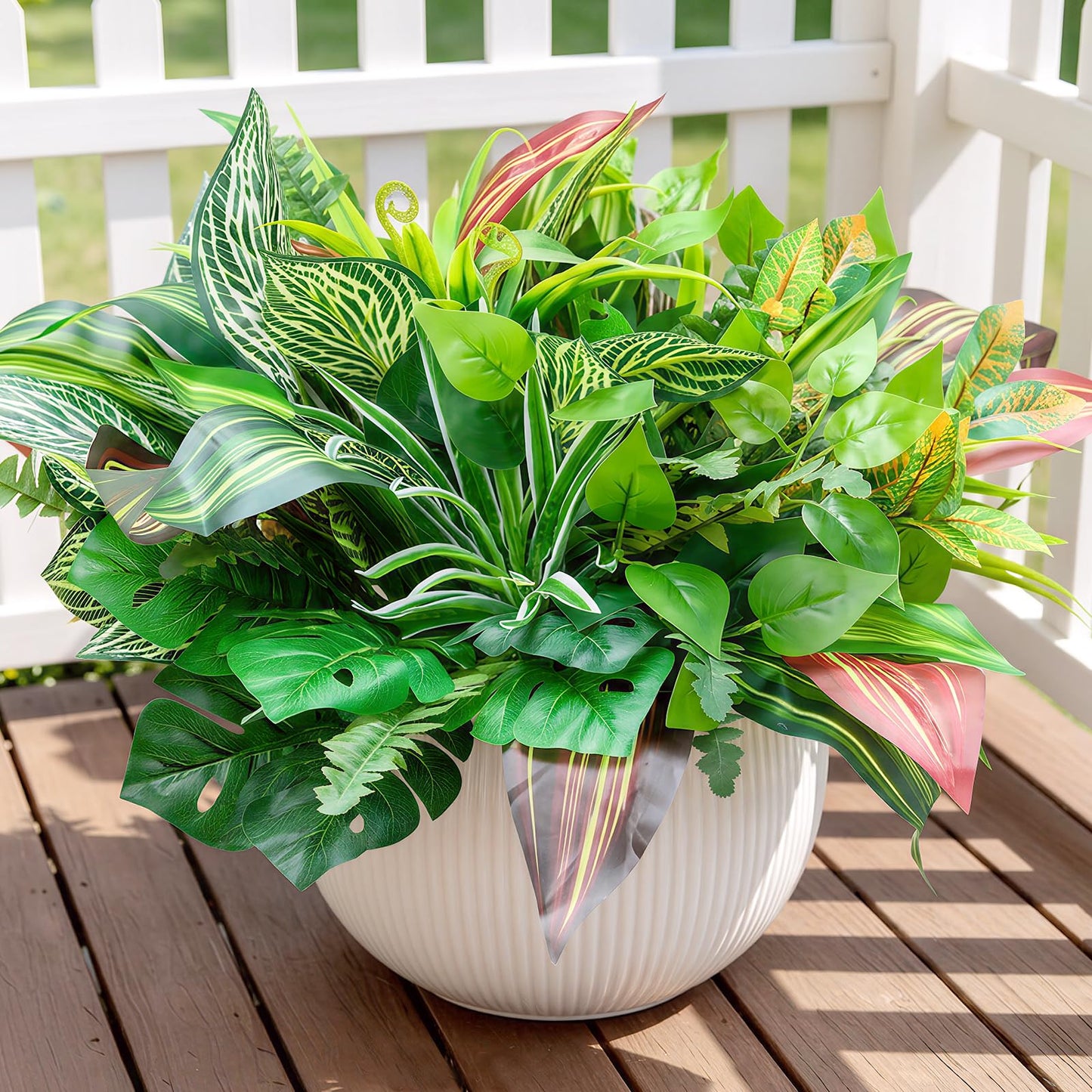Caplidou 18 Bundles Artificial Greenery Plants Outdoor UV Resistant Fake Plastic Leaves with Stems Faux Bushes Shrubs for Porch Patio Window Box Garden Indoor Outside Decor