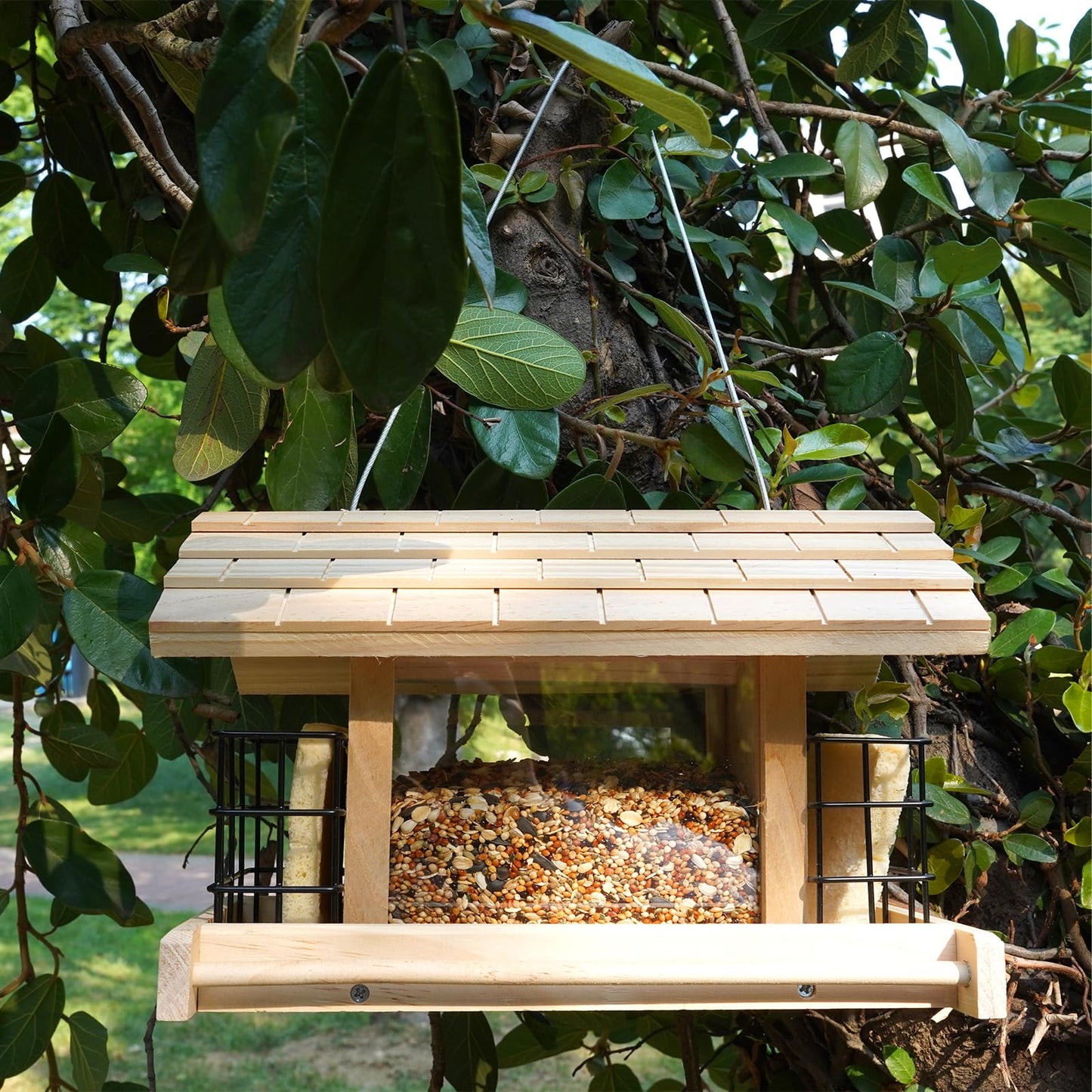 Liawm Wooden Bird Feeder for Outdoors Hanging Mount Large Capacity, Pine Garden Roof Feeder with 2 Suet Cages, Cardinal Bluebird Birdfeeder for Garden Decoration Yard, Weatherproof Durable