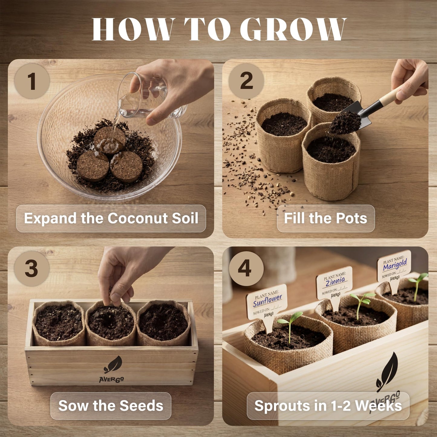 AVERGO Sunflower, Marigold & Zinnia Flower Seeds Growing Kit | Complete Indoor & Outdoor Kit with Seeds for Planting, Planters, Soil, Tools, Instructions