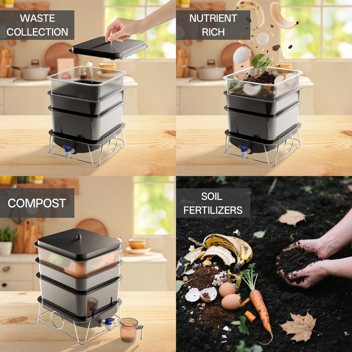 HCGADON 3-Tray 15L Worm Farm Composting Bin with Tool Set - Efficient Indoor/Outdoor Composter for Organic Waste Recycling, Beginner-Friendly Kit for Healthier Plants (Black)