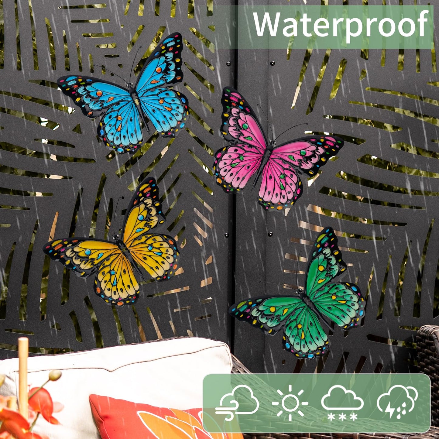 HHUWRUL 4 Pack Metal Butterfly Wall Decor, 9.6-Inch Outdoor Fence Wall Art Decor, Hanging Ornament for Garden, Yard, Living Room, Bedroom
