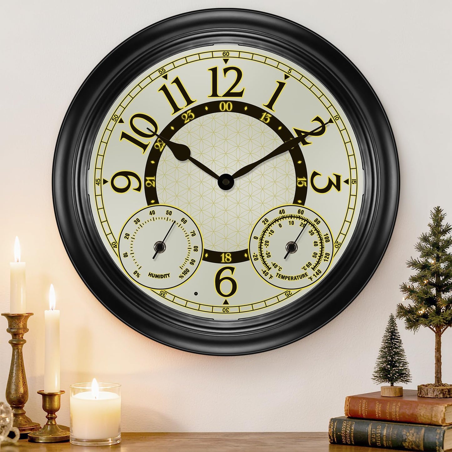Dyreps 15Inch Outdoor Clock with Thermometer & Hygrometer - Waterproof Illuminated Large Outdoor Clocks Waterproof, Weather-Resistant Battery Operated Metal Wall Clock for Indoor and Outdoors