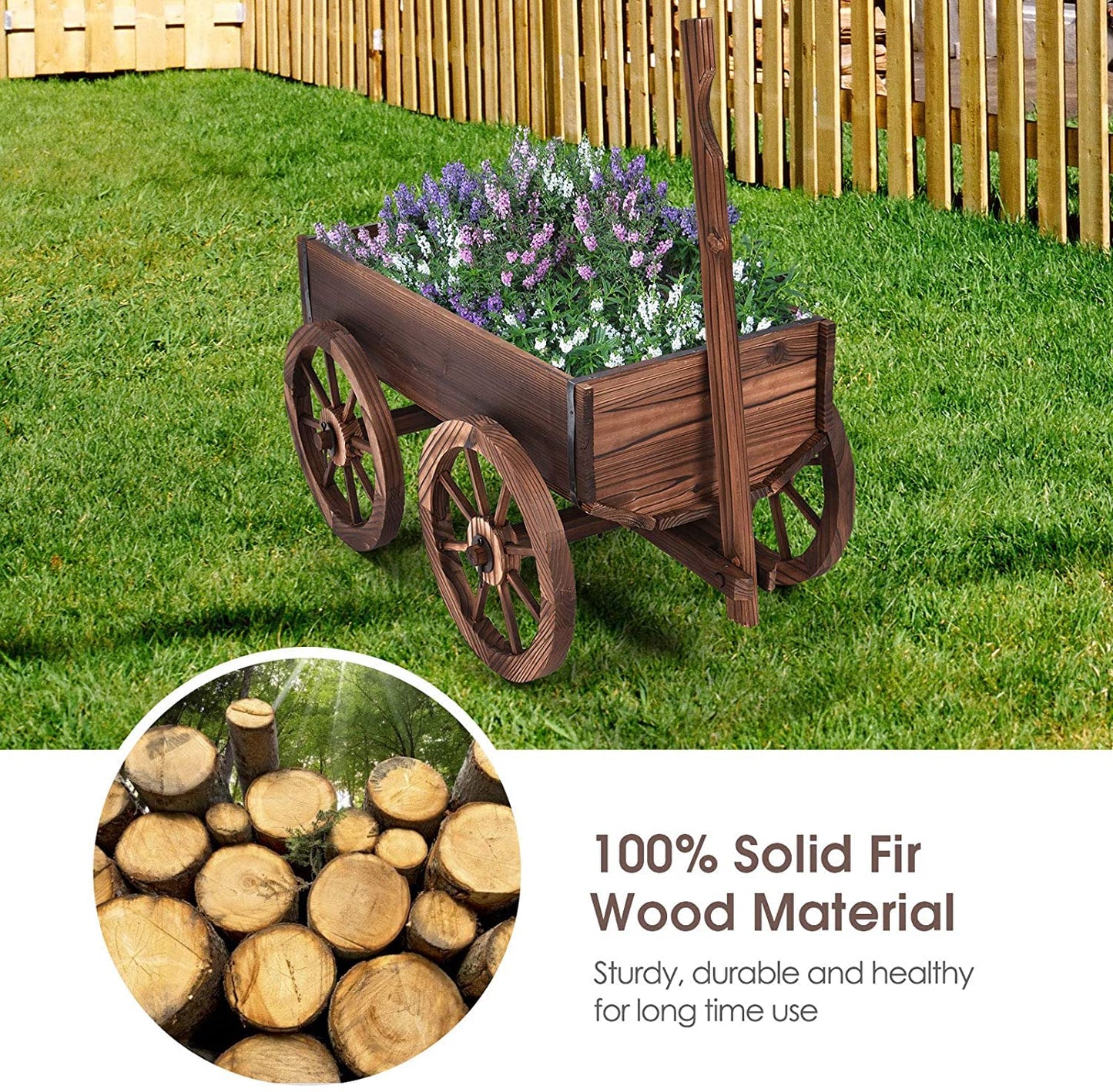 S AFSTAR Wooden Wagon, Wood Flower Planter Pot Stand with 4 Wheels & Drainage Holes, Amish Wagon Planter, Rolling Pot Stand Wood Wagon for Outdoor Plants Garden Decorative Garden Planter, Brown