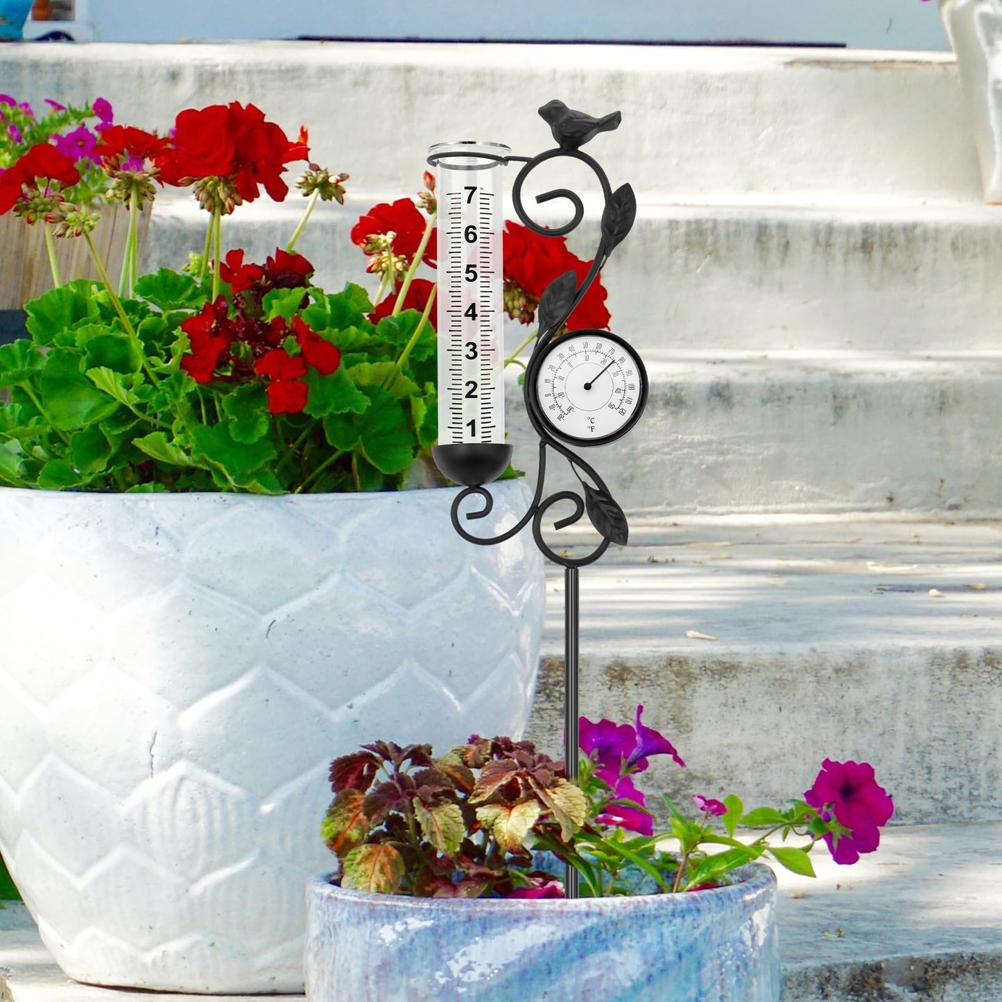 32" Garden Rain Gauge with Thermometer - 7" Glass Tube for Outdoor Indoor Use, Patio Yard Decor Statue