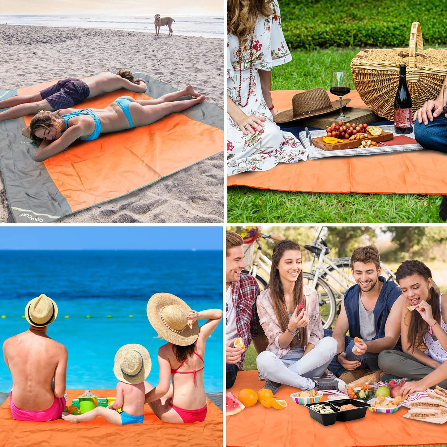 covacure Extra Large Beach Blanket Sandproof Waterproof - 108"x85" for 7-8 Adults, Oversized Beach Mat with Zipper Pockets, Lightweight Outdoor Accessories for Camping, Travel (Orange-M, 108"x85.2")