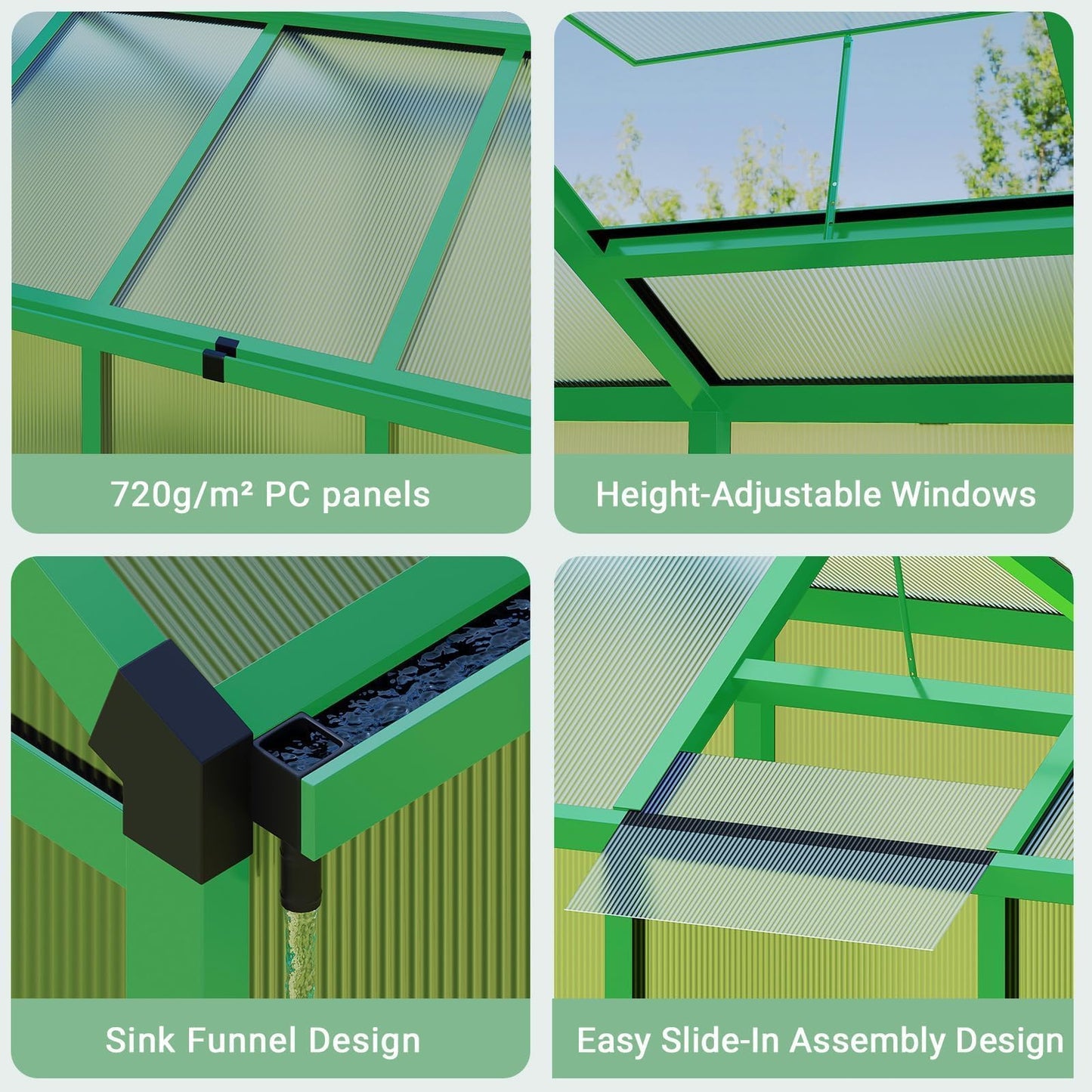 Greenhouse, 6x10 FT Greenhouse for Outdoors, Walk-in Green House with Ground Nails and Vent Windows, Sliding Lockable Door, Polycarbonate Greenhouses for Outside Garden Backyard, Quick Setup, Green