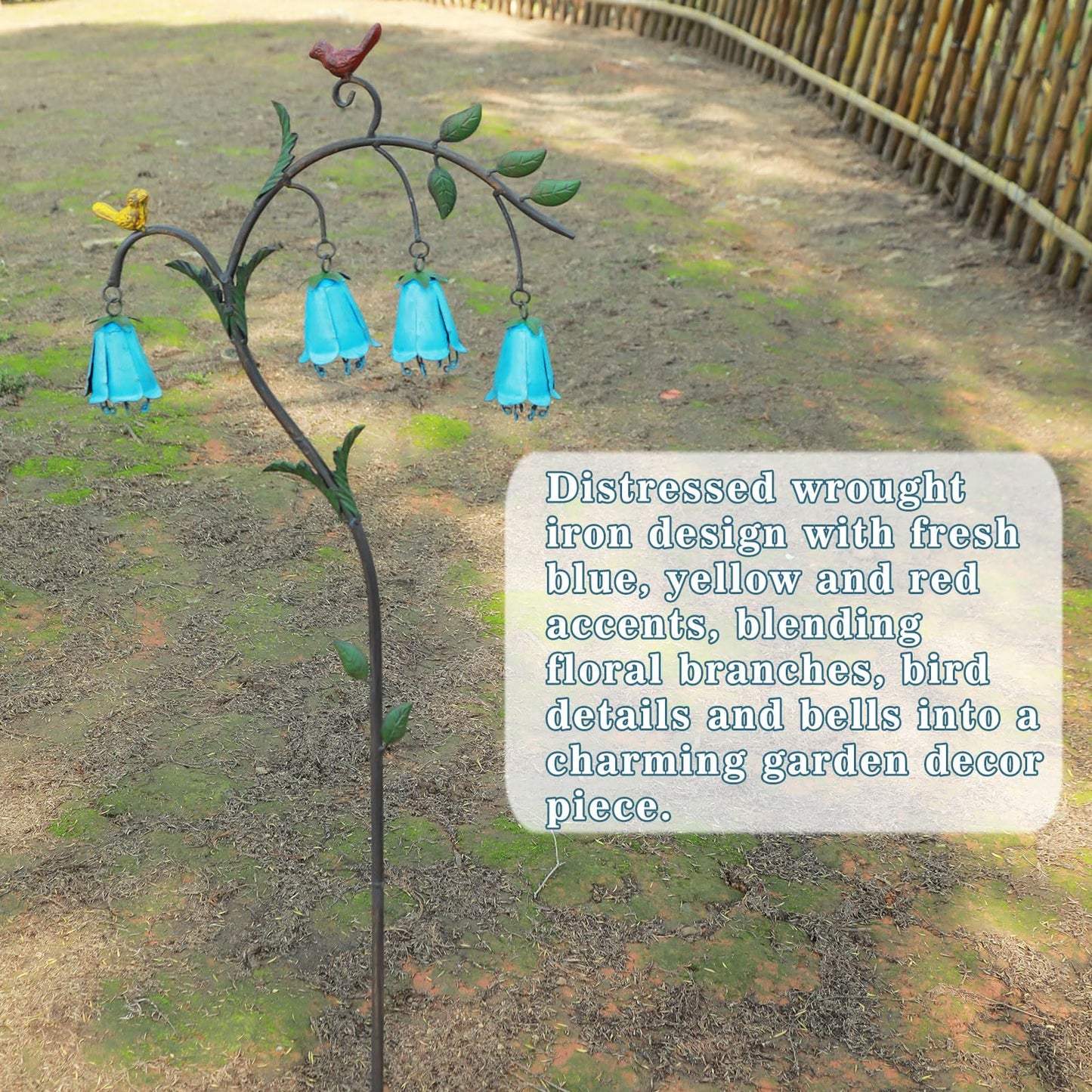 HOUYANG 44.3" H Metal Decorative Garden Stake with Blue Bell Flowers & Birds - Metal Yard Art for Outdoor Yard Decor, Rustic Metal Flowers Garden Decor for Patio, Lawn, Pathway