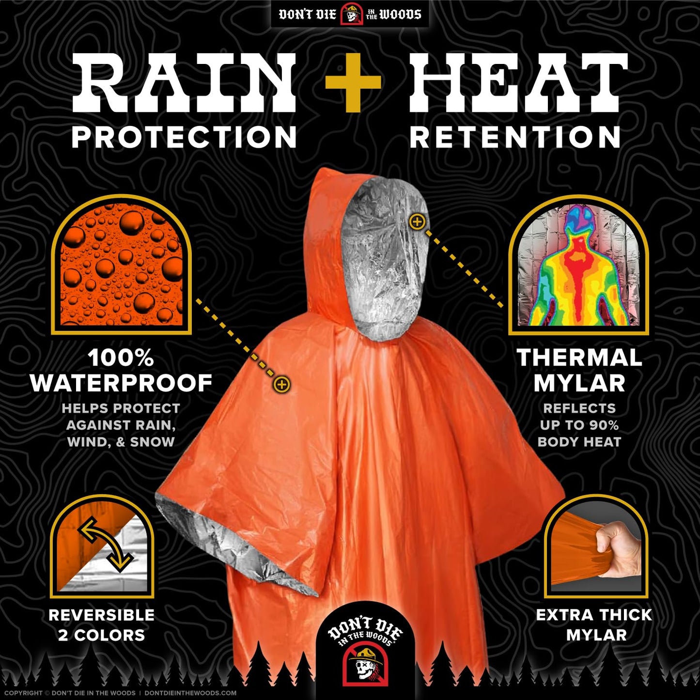 Don't Die In The Woods - Survival Poncho [4-Pack Refill] - Rain Protection + Heat Retention - Wearable Emergency Space Blanket For Hiking Camping Outdoor Gear (Orange)