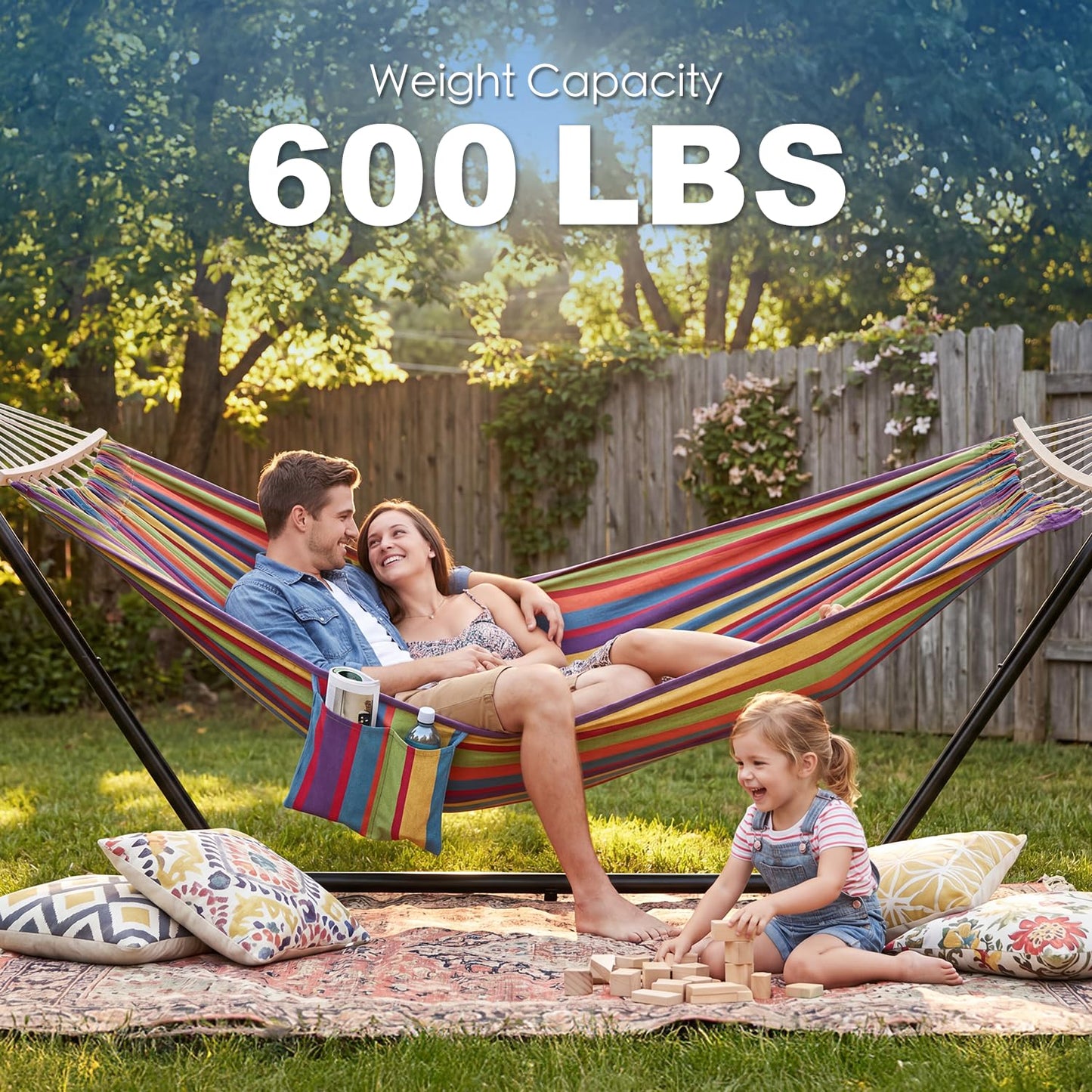 GAFETE Double Hammock with Stand for Outside, Upgraded Spreader Bar, Heavy Duty Space Saving Steel Stand 2 Person, Side Pockets, Easy Assembly, 600lbs Weight Capacity, Indoor & Outdoor (Classic Red)
