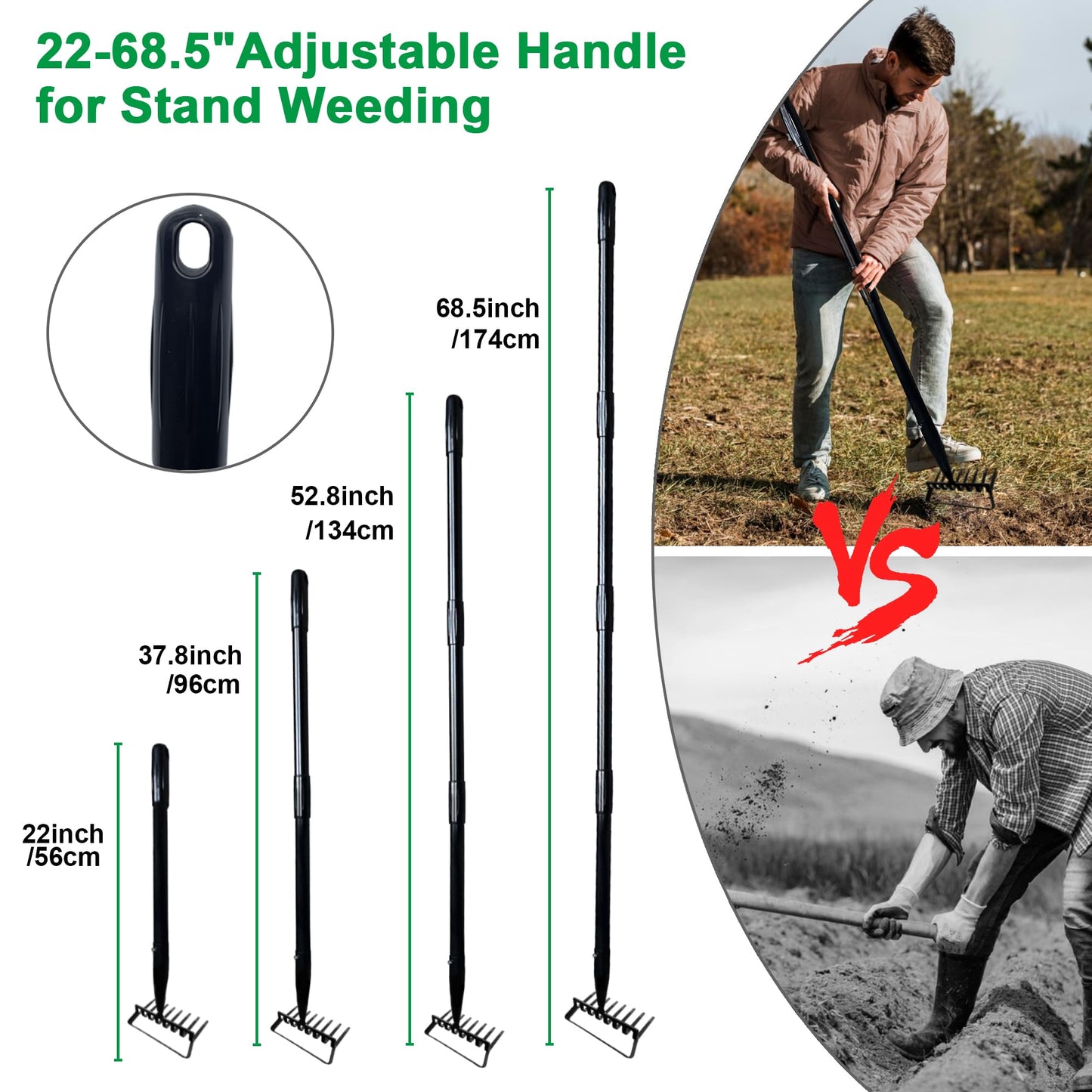 8-Tines Rake and Stirrup Hoe, Metal Garden Tiller Rake with Adjustable Long Handle, Action Scuffle Loop Hoe for Weeding, Digging, Loosening Soil
