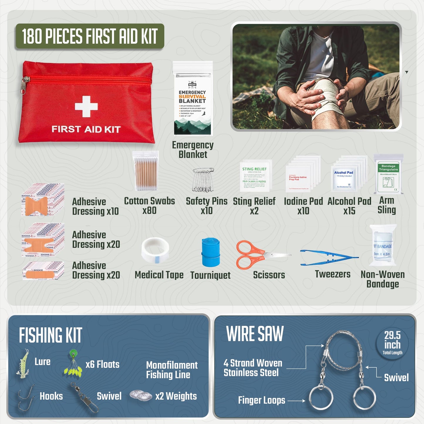 Monterra Survival Kit, 250 Pcs, Emergency Gear and Supplies, First Aid, Bug Out Go Bag, EDC, Molle System Backpack, Hiking, Camping, Outdoor Accessories, Hunting Gifts for Men.