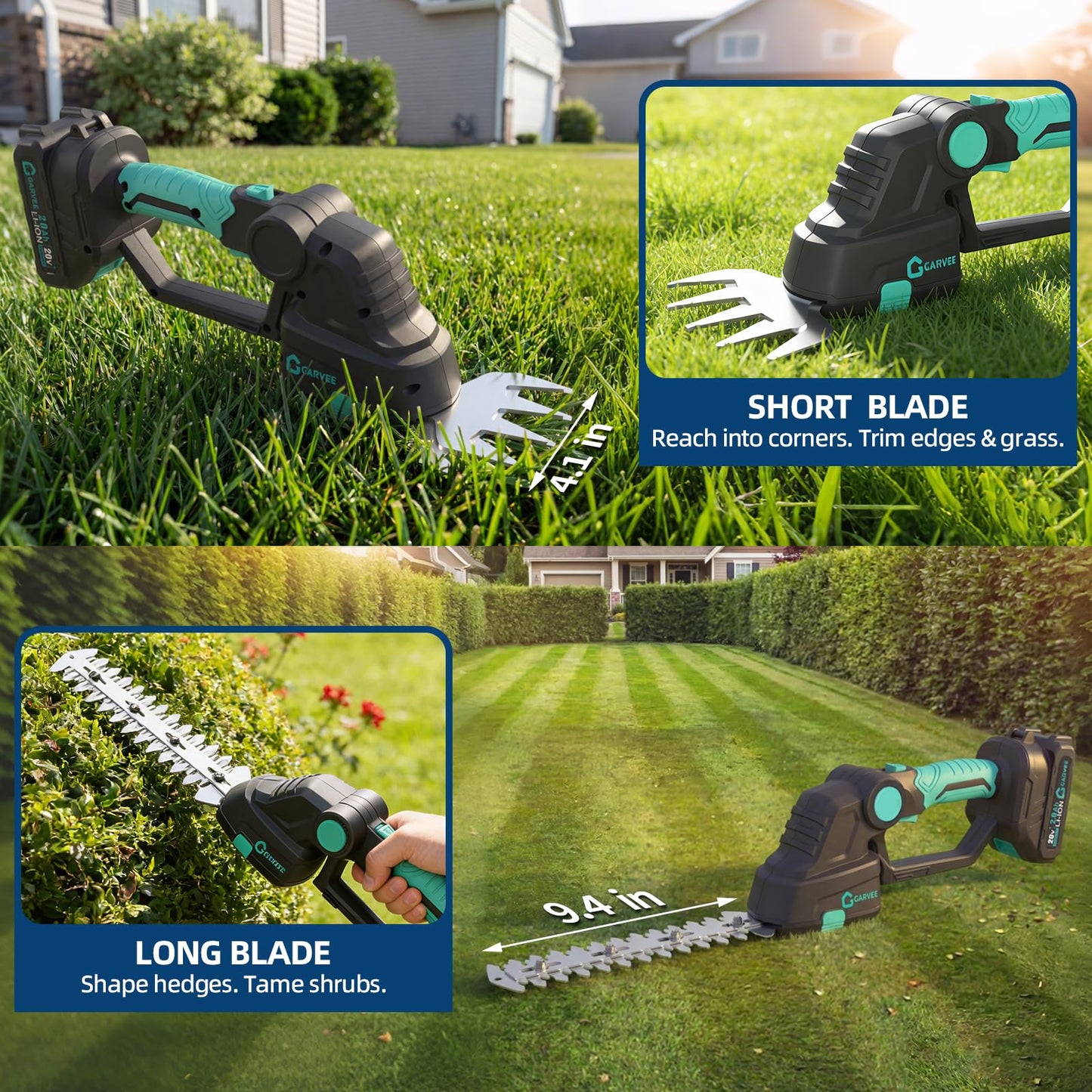 Garvee Cordless Hedge Trimmer with Battery - Grass Shear & Shrubbery Trimmer - 2 in 1 Handheld 20V Electric Grass Trimmer Hedge Shears Grass Cutter with 2 * 2.0Ah Batteries & Charge Base