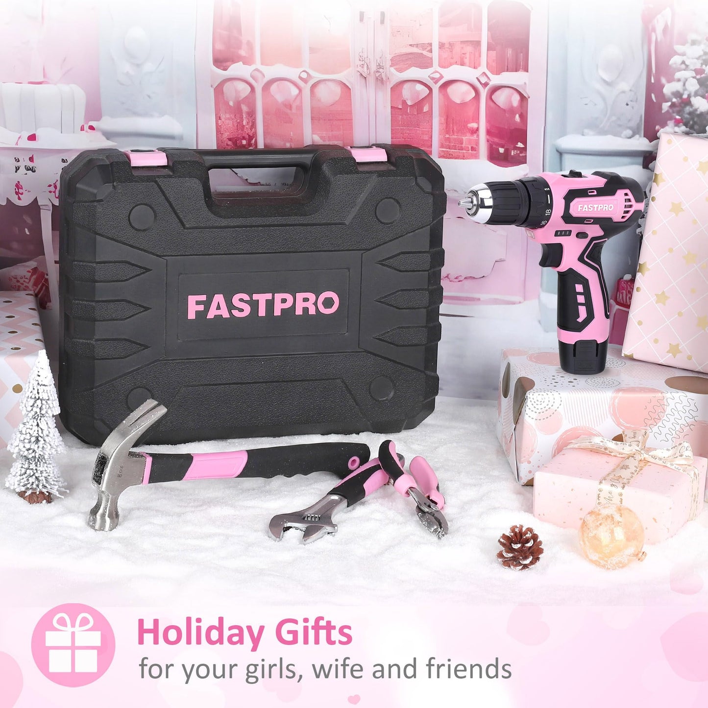 FASTPRO 160-Piece Pink Tool Set with 12V Cordless Drill Driver, Lady's Home Repairing Tool Kit with Drill in Storage Case, For DIY, Home Maintenance