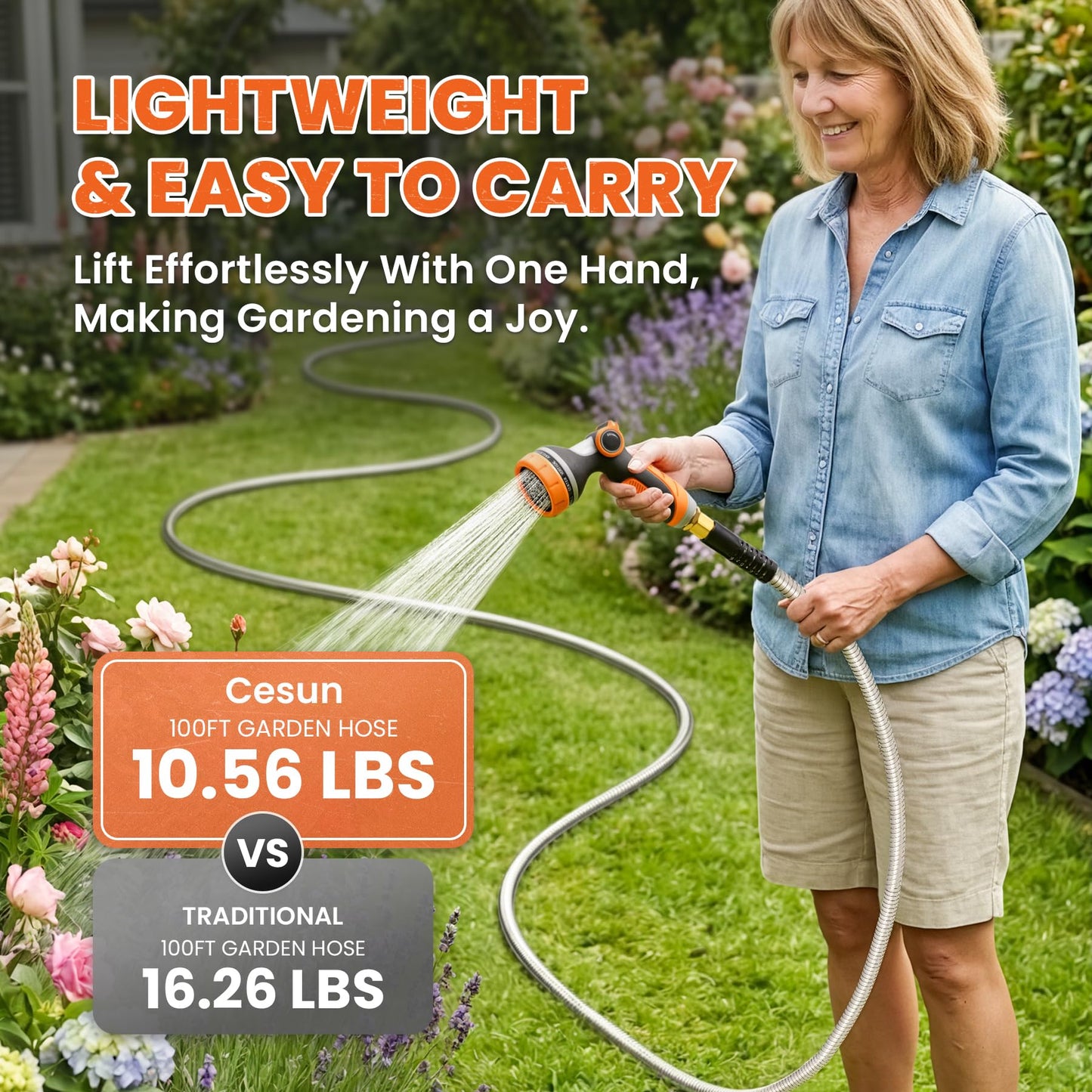 Cesun 100 ft Metal Garden Hose, Stainless Steel Heavy Duty Water Hose With 10 Function Nozzle, No Kink & Flexible, Lightweight and Durable, Rust Proof for Yard, RV, Pet Bath, Outdoor, 100 foot x 5/8"