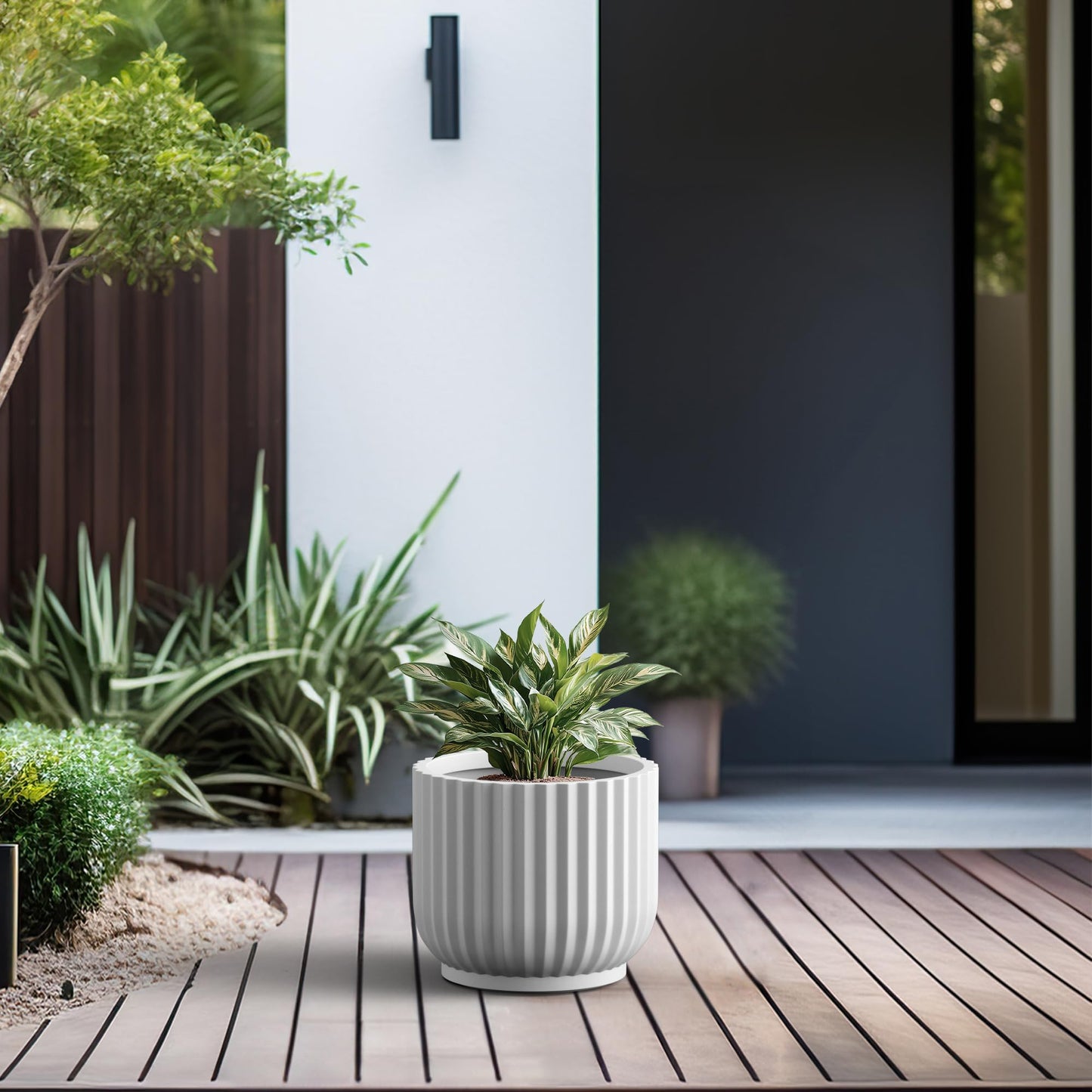 Kante Round Fulted Planter, 11 Inch Dia Large Concrete Plant Pots with Drainage Hole and Rubber Plug, Modern Decor for Indoor Outdoor Plants, Flower, White