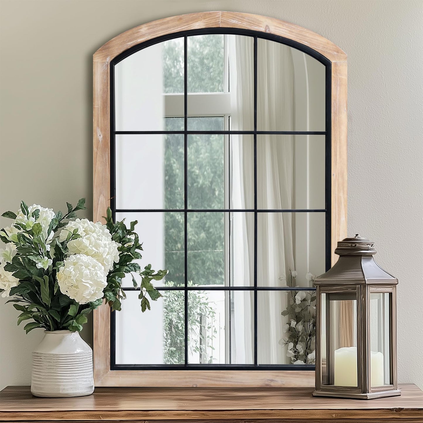 IPOUF Farmhouse Arch Wood Window Mirror, 24X36 Decorative Arch Wall Mirror, Wood Framed Rustic Mirror Metal Inner Frame Wall Decor for Entryway & Living Room,Natural