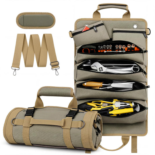 Tool Roll Up Bag, 1680D Heavy Duty Tool Bag Organizer with 2 Detachable Tool Pouches & Multiple Pockets, Waterproof Motorcycle Tool Roll for Mechanic & Electrician, Gift for Men Him Dad, 21.9"*14.7"