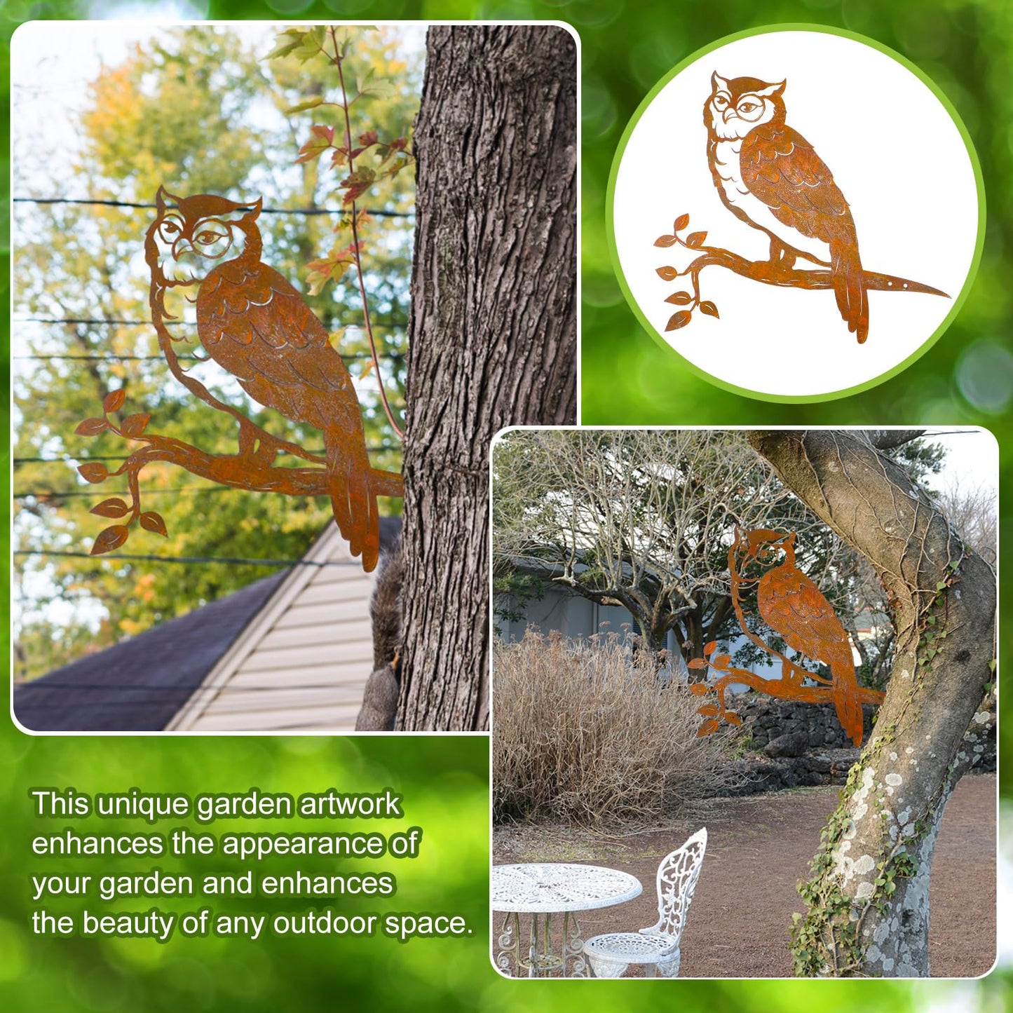 DoubleFill Rustic Copper Metal Owl Statue Outdoor Garden Decor Weather Resistant Rusty Metal Wall Art for Patio Lawn and Backyard Sculpture Gift