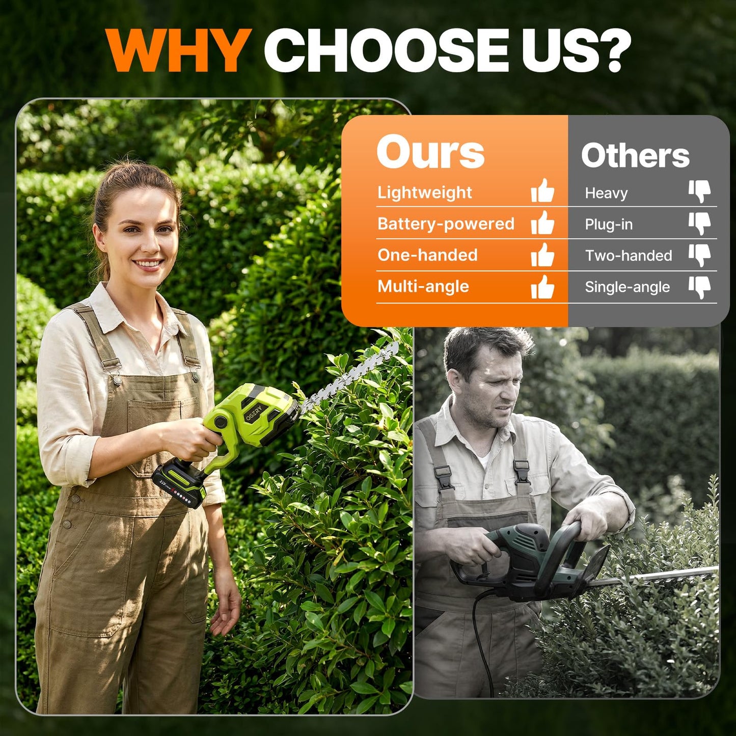 OGERY 21V Cordless Hedge Trimmer & Grass Shears, 2-in-1 Powerful Dual Batteries Electric Bush Trimmer with 8.9” Hedge Blade & 5.1” Grass Trimmer, Adjustable Angle, Lightweight for Garden & Lawn Care