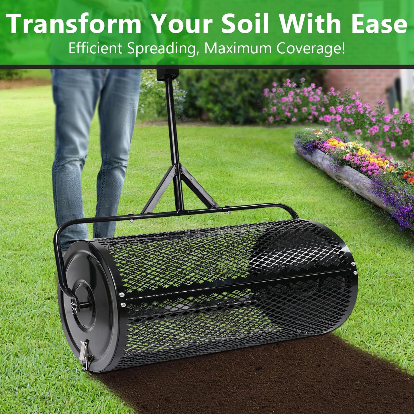 Compost Spreader 44 Inch Push/Tow Peat Moss Spreader with Installation Support, Powder-Coated Metal Mesh Roller Spreader for Manure , Lawn Care, Garden Spreading, Top Dressing & Mulch - Soil Spreader