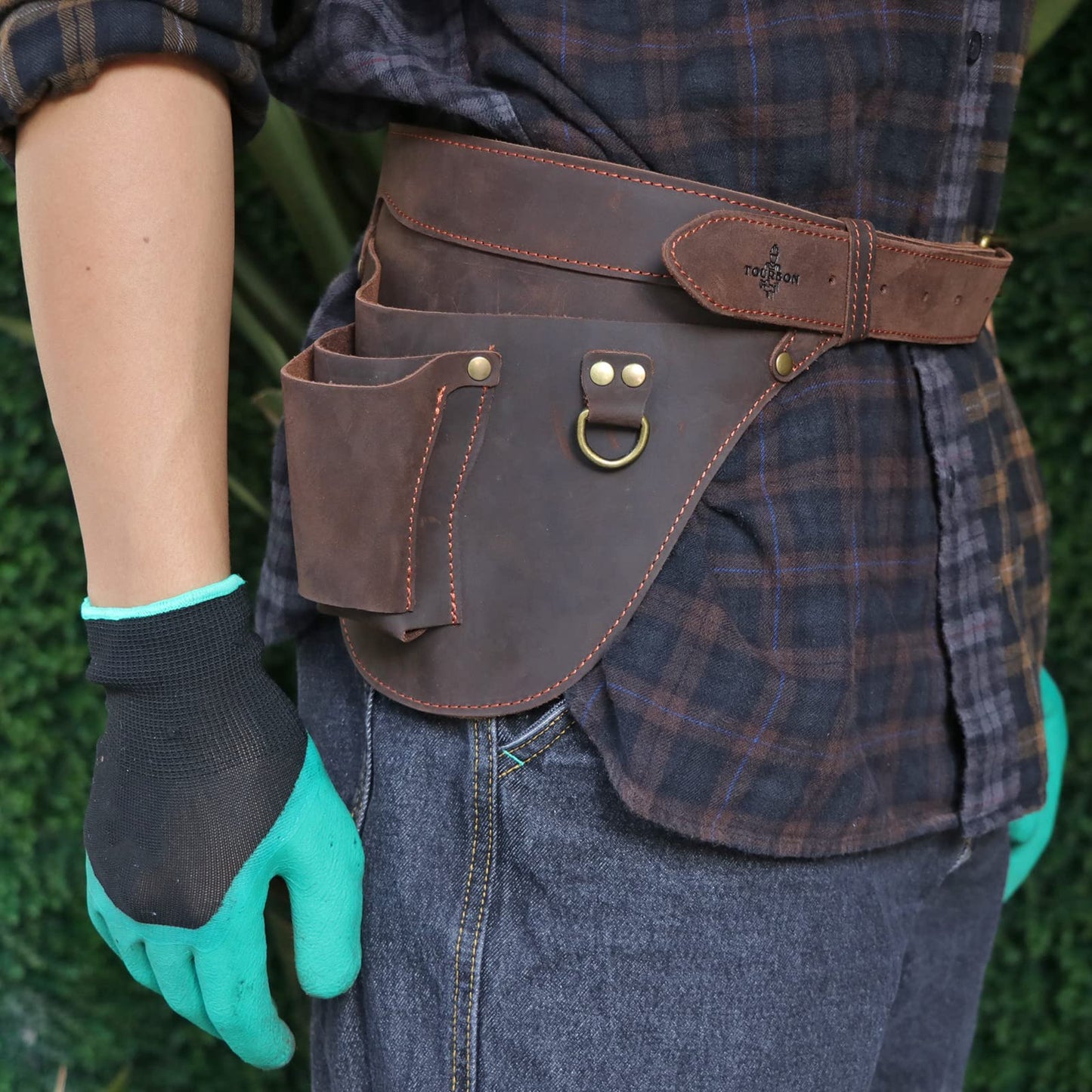Tourbon Genuine Leather Florist Tool Belt Gardening Bag Gardener Farmer Tools Holster Waist Pouch Electrician Carpenter Organizer Kit 3 Pockets (Brown, 42 inches)