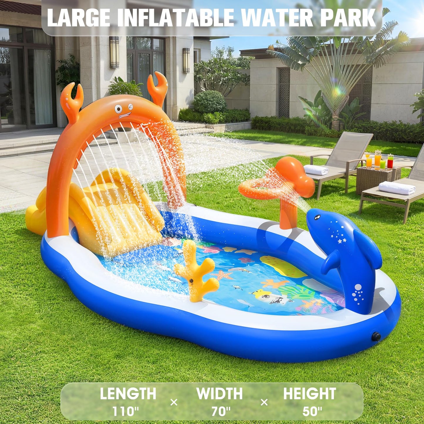 LuxPool 2026 Large Inflatable Play Center,Toddler Pool with Water Slide&Sprinkler,110"x70"x50"Inflatable Kiddie Pool with Slide,Backyard Kids Water Slide,Blow-Up Splash Pad for Toddlers