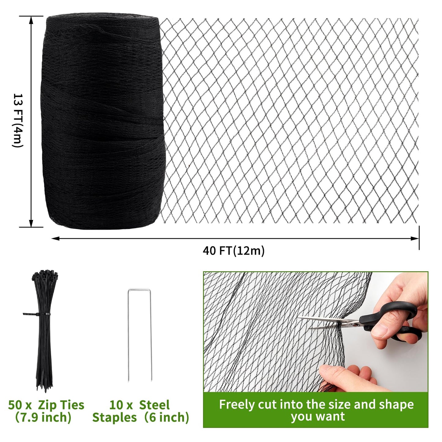 Webuys Bird Netting for Garden Protection - 13 x 40 FT Heavy Duty Poultry Bird Netting for Chicken Coop with Ties & Staples, Garden Net Mesh for Fruit Trees Plants Vegetables Against Birds Deer