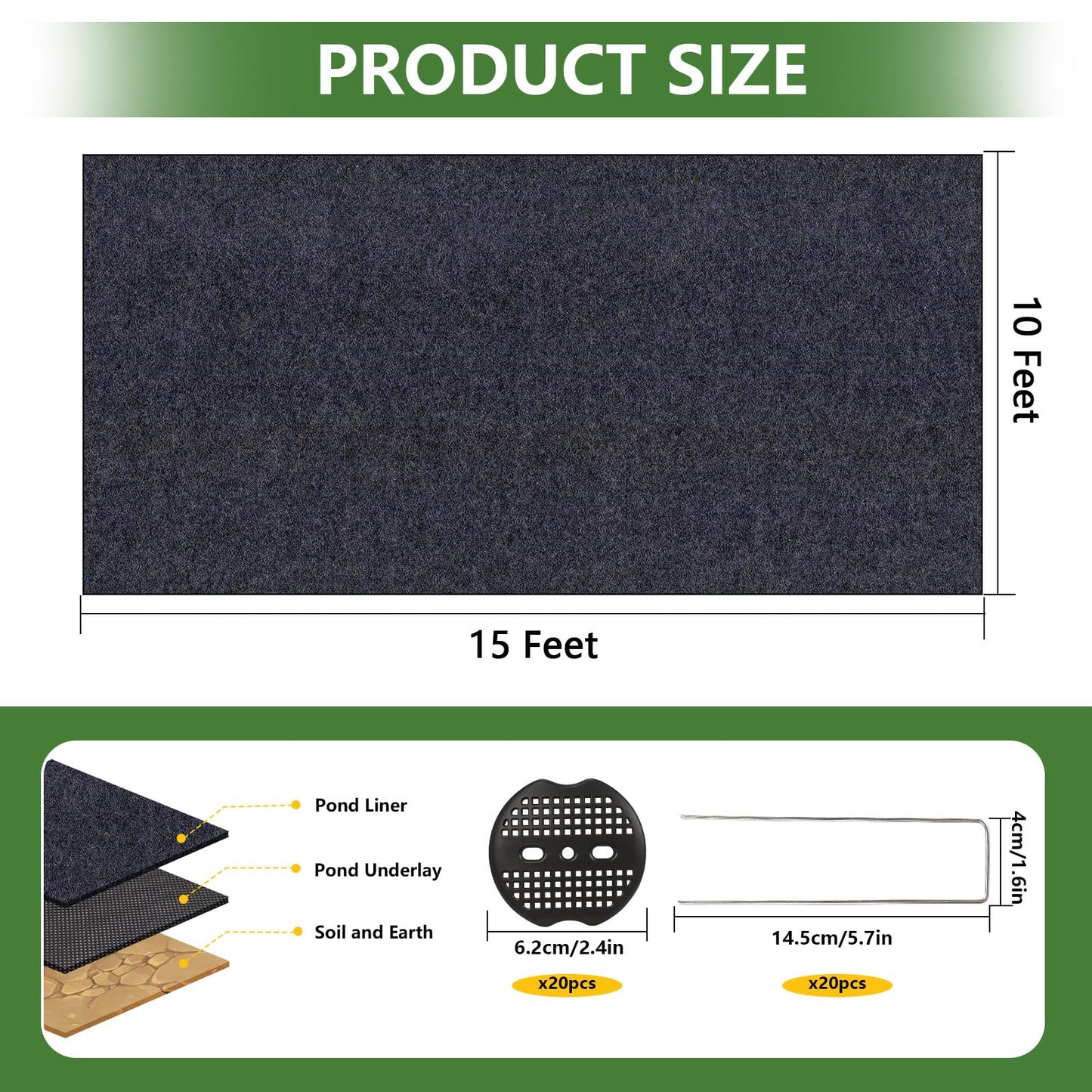 HZCGJMY Pond Liner Non-Woven Geotextile Underlayment 10 x 15 Feet Thickened Outdoor Ponds Underlayment Landscape Fabric Kit with 20 U-Pins and Gaskets for Ponds, Fish Koi, Waterscape