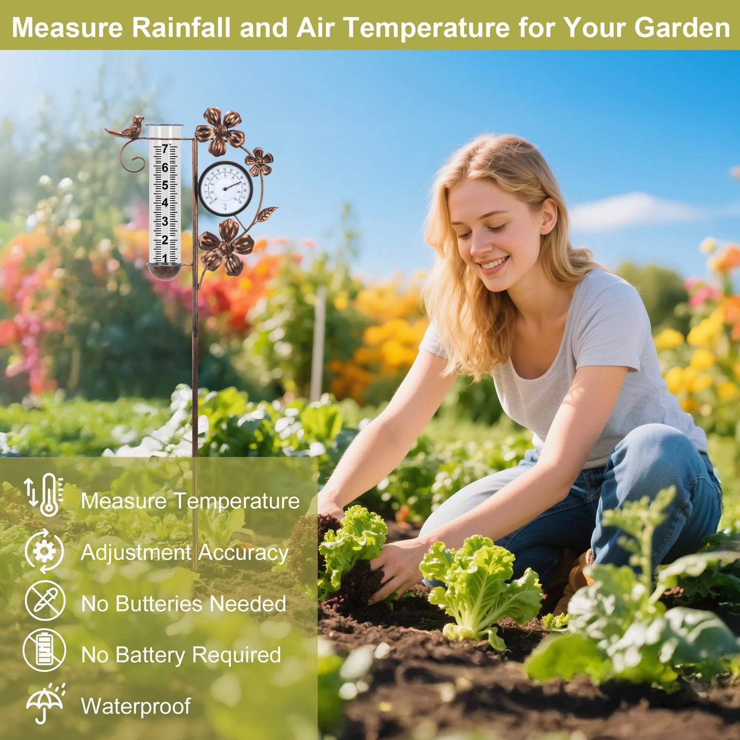 shumi Rain Gauge Outdoor with Thermometer Garden Decor, Bird and Flower Decorative Outdoor Rain Gauges for Yard Patio Lawn, Gardening Gifts for Women