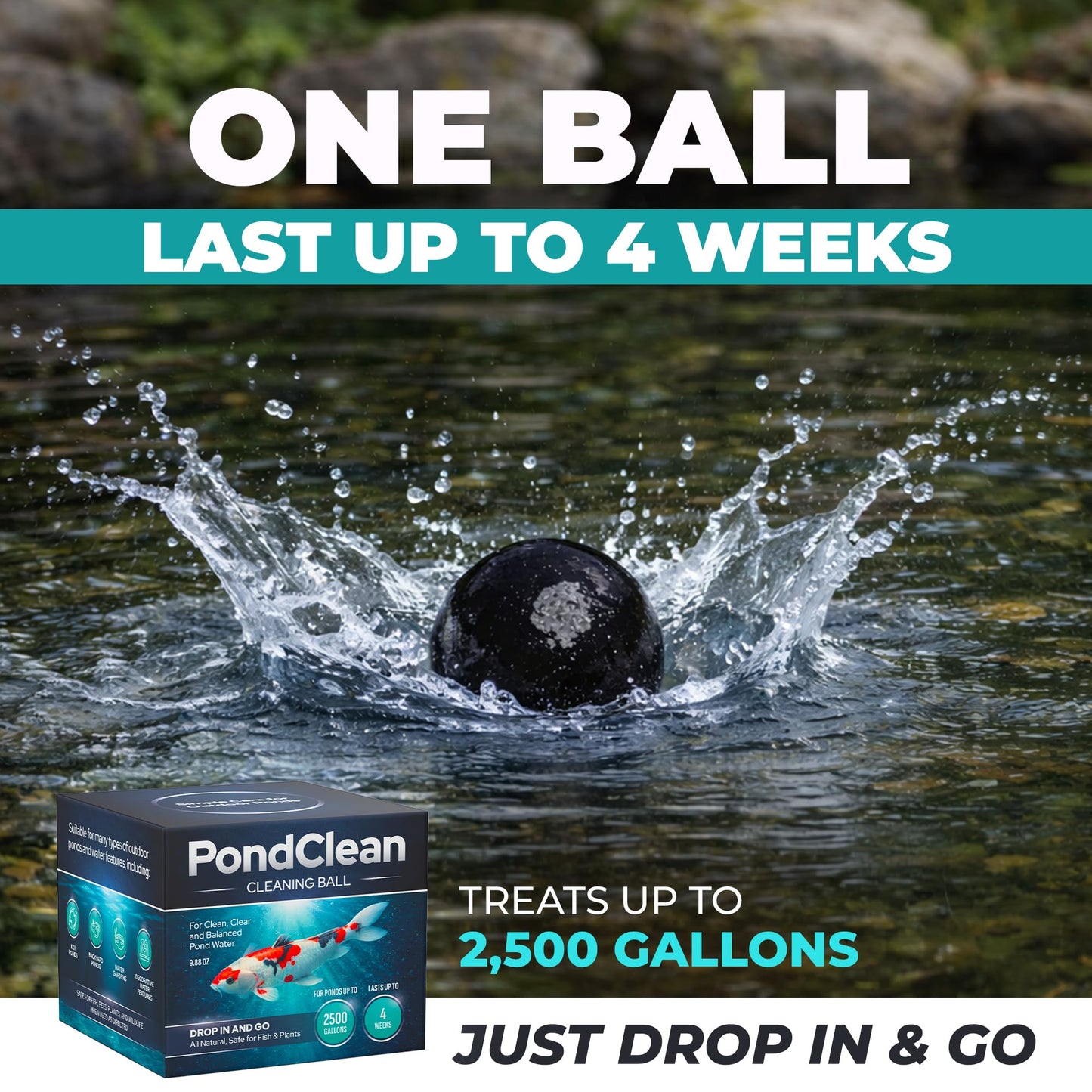Natural Pond Care Ball – Easy Drop-in Maintenance for Outdoor Ponds and Water Features, Suitable for Fish & Plants, Up to 2500 Gallons – 4 Week Use