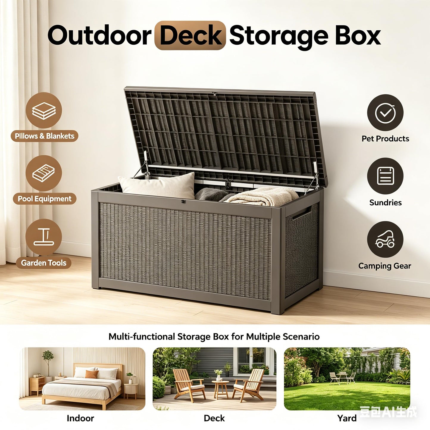 328 Gallon Waterproof Outdoor Storage Box, Heavy Duty Resin Deck Box Lockable, Large Outside Patio Storage Bench for Garden Tools & Pool Accessories, Hydraulic Lift, All-Season UV-Resistant, Brown