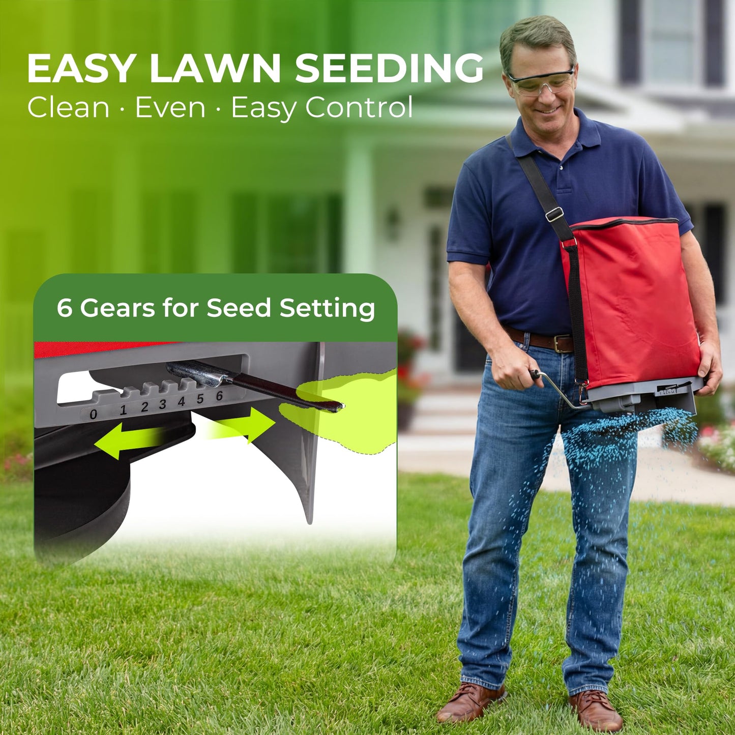 Walensee 25lb Handheld Bag Seed Spreader with Enclosed Metal Gears, Rear Baffle, Adjustable Flow Control, Durable Oxford Bag, Shoulder Strap, for Grass Seed and Fertilizer, Red