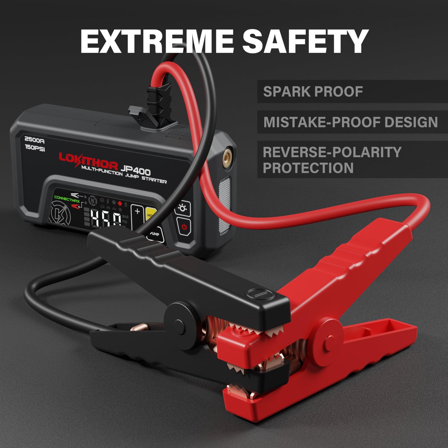 LOKITHOR JP400 Jump Starter with Air Compressor, 2500A 12V Car Battery Jumper Starter Portable (8.5L Gas/6.5L Diesel) Jump Box for Car Battery with ConnectMax, 150PSI Tire Inflator, Jumper Cables