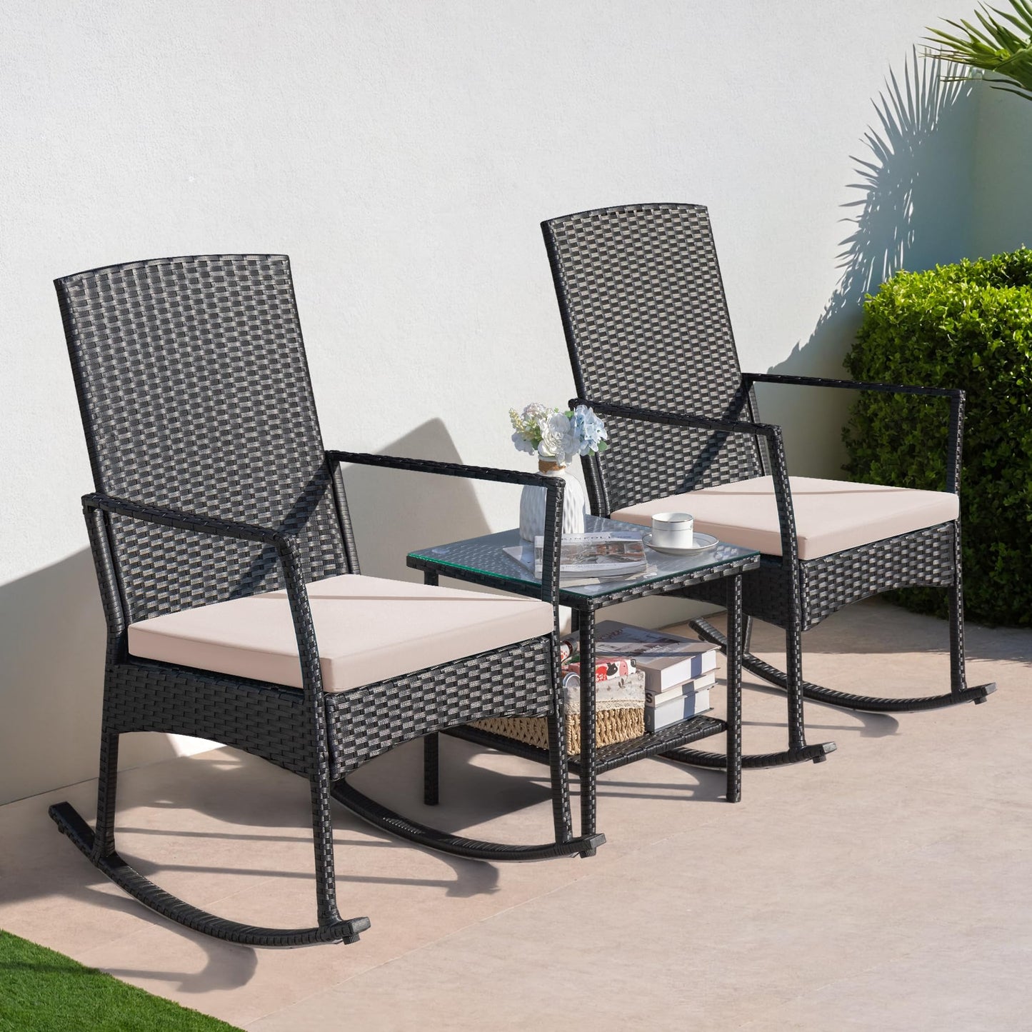 Greesum 3 Pieces Patio Furniture Set Outdoor Wicker Rocking Chairs with Glass Coffee Table for Garden Backyard Porch Poolside, Beige