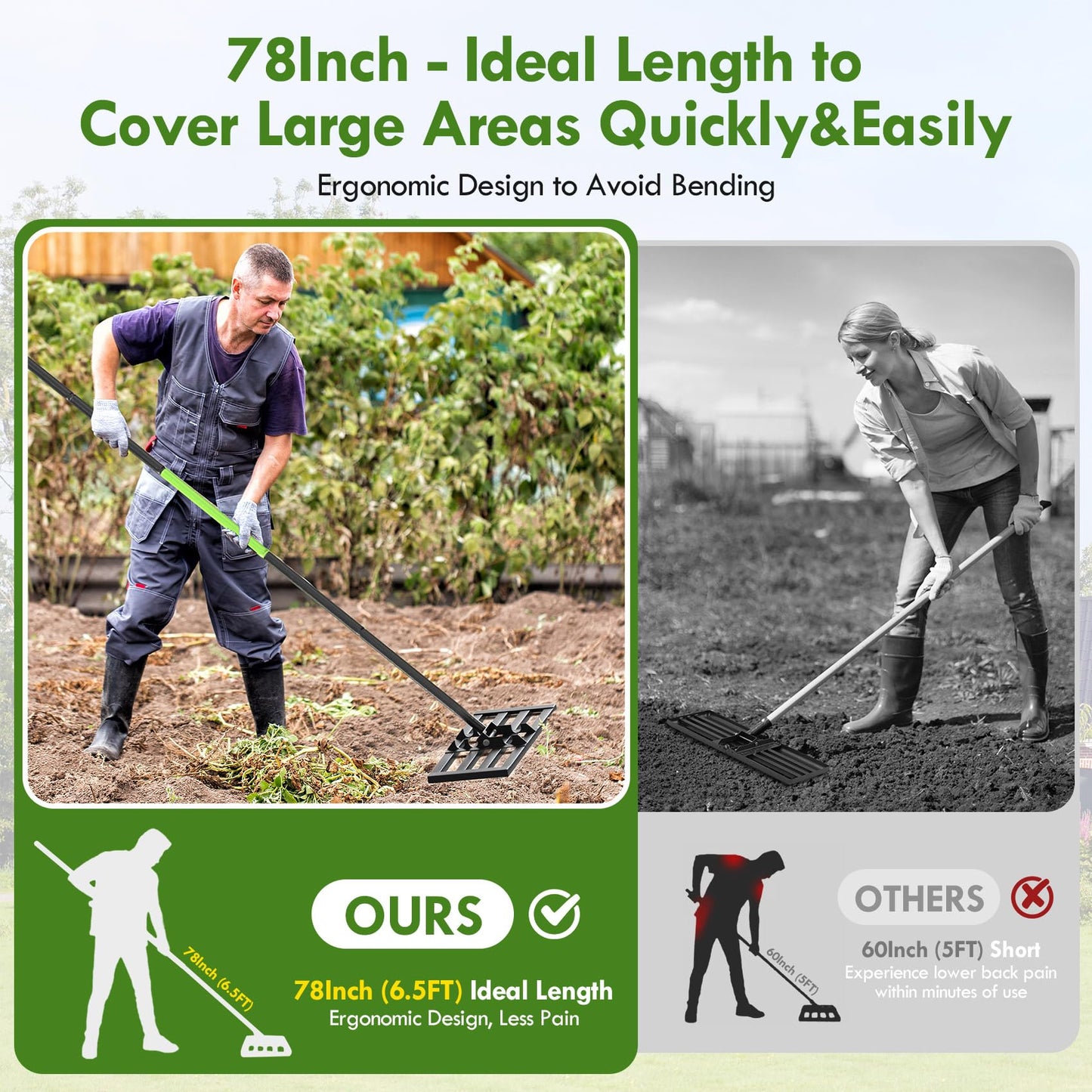 Seeutek Lawn Leveling Rake, 17" x 10" Heavy Duty Yard Leveling Rake Tool with 0-180° Adjustable Handle, 6.5FT Steel Handle Lawn Leveler for Yard Garden Golf, Ease Level Soil Sand Dirt Surface