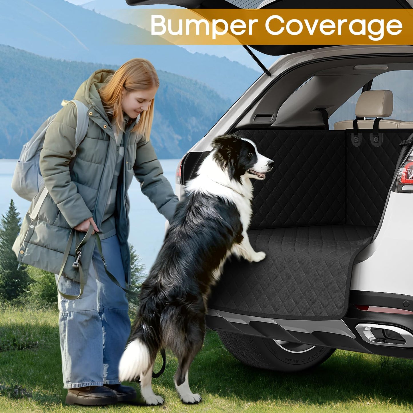 PETICON SUV Cargo Liner for Dogs, Waterproof Trunk Cover with Cushioned Sides to Protect Pet, Full Coverage Non-Slip Seat Cover for SUVs with Bumper Flap Protector