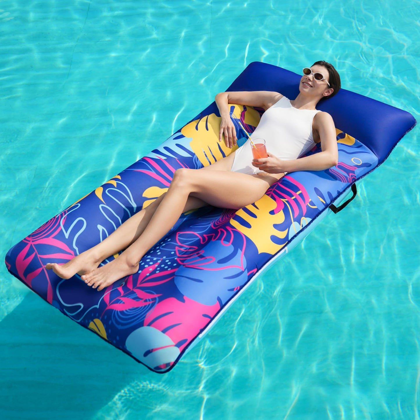 Sloosh Inflatable Pool Floats Raft - XL Fabric Covered Pool Mat Lounger Floaties for Adults, Ultra Comfort Inflatable Water Float with Headrest for Beach Lake Swimming Pool Floating 68"X34" (Blue)